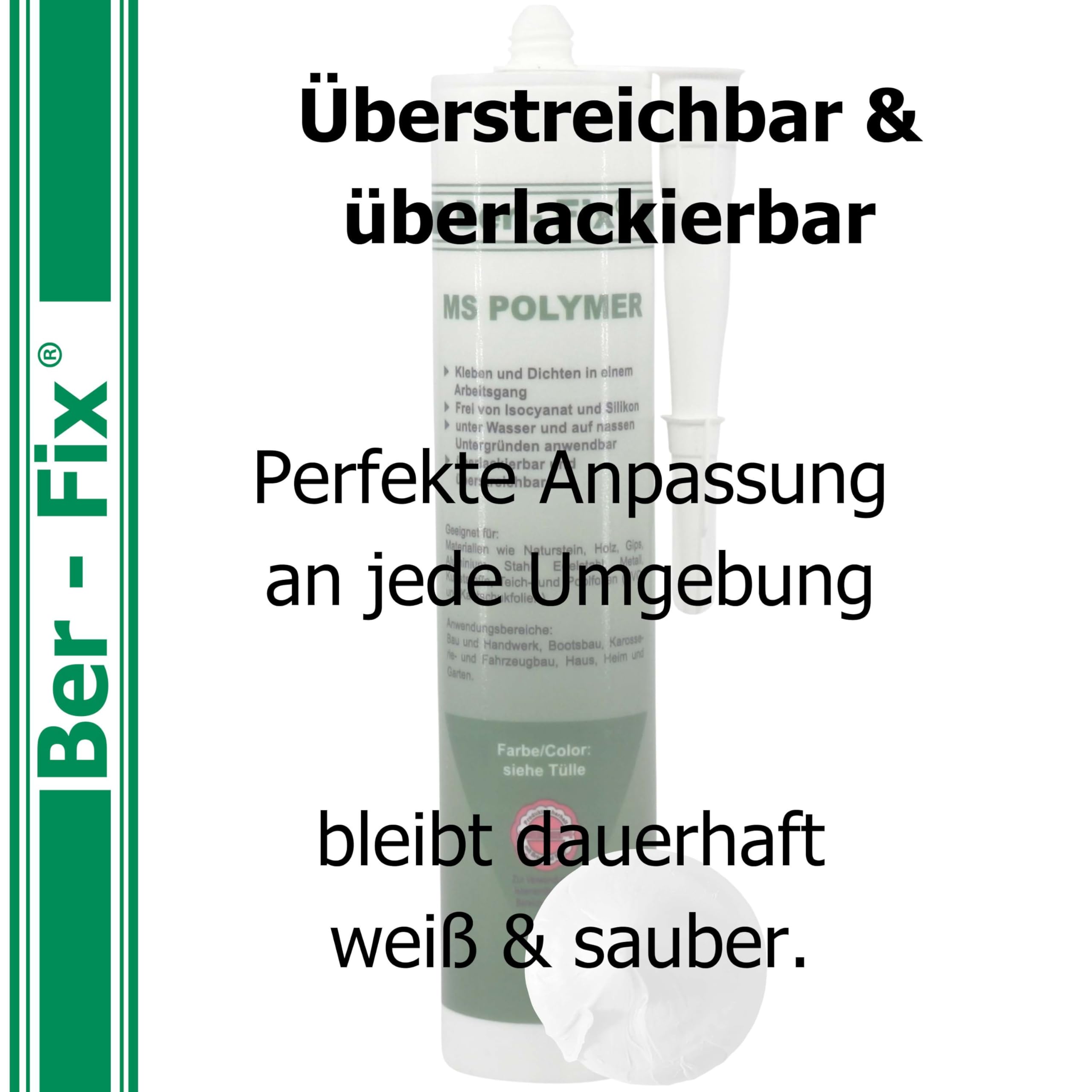 Ber-Fix MS Polymer Weiß Sanitär Fuge 12er Pack | MS Polymerkleber Weiß Sanitär Fuge 12er Pack: elastischer Kleb- und Dichtstoff