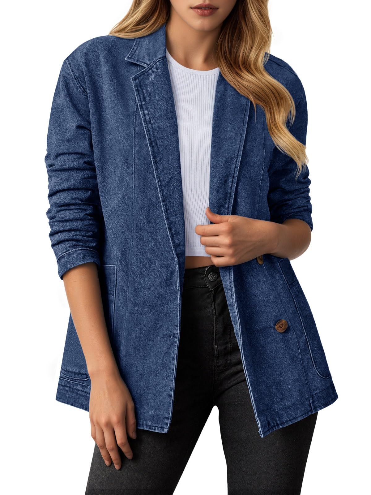 Tankaneo Womens Oversized Denim Jacket Casual Button Up Blazer Notched Lapel Jean Shacket Coat