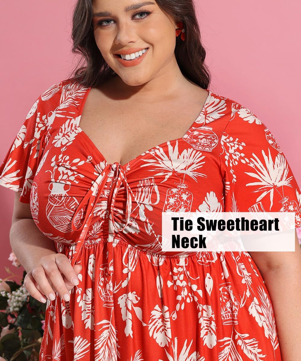 CARCOS Plus Size Dresses for Curvy Women Tie Sweetheart Neck Summer Maxi Dress Short Sleeve Empire Waist Floral Boho Dress - Image 4