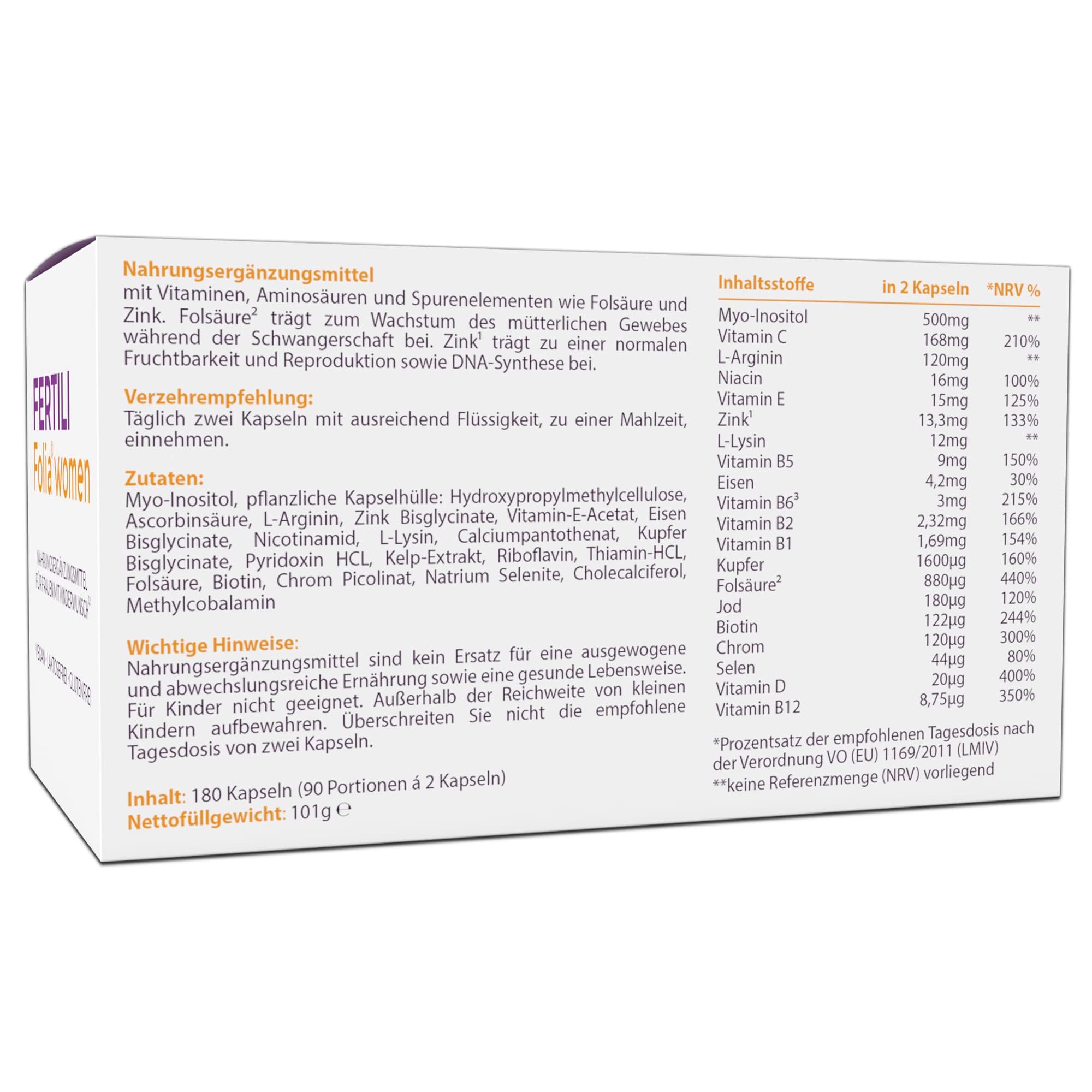 180 Kinderwunsch Tabletten Frau - 20 Mikronährstoffe darunter Schwangerschafts-Vitamine wie 880µg Folsäure Kinderwunsch Vitamine Frau + 500mg Myo Inositol - 3 MONATSPACKUNG - FERTILI Folia® women