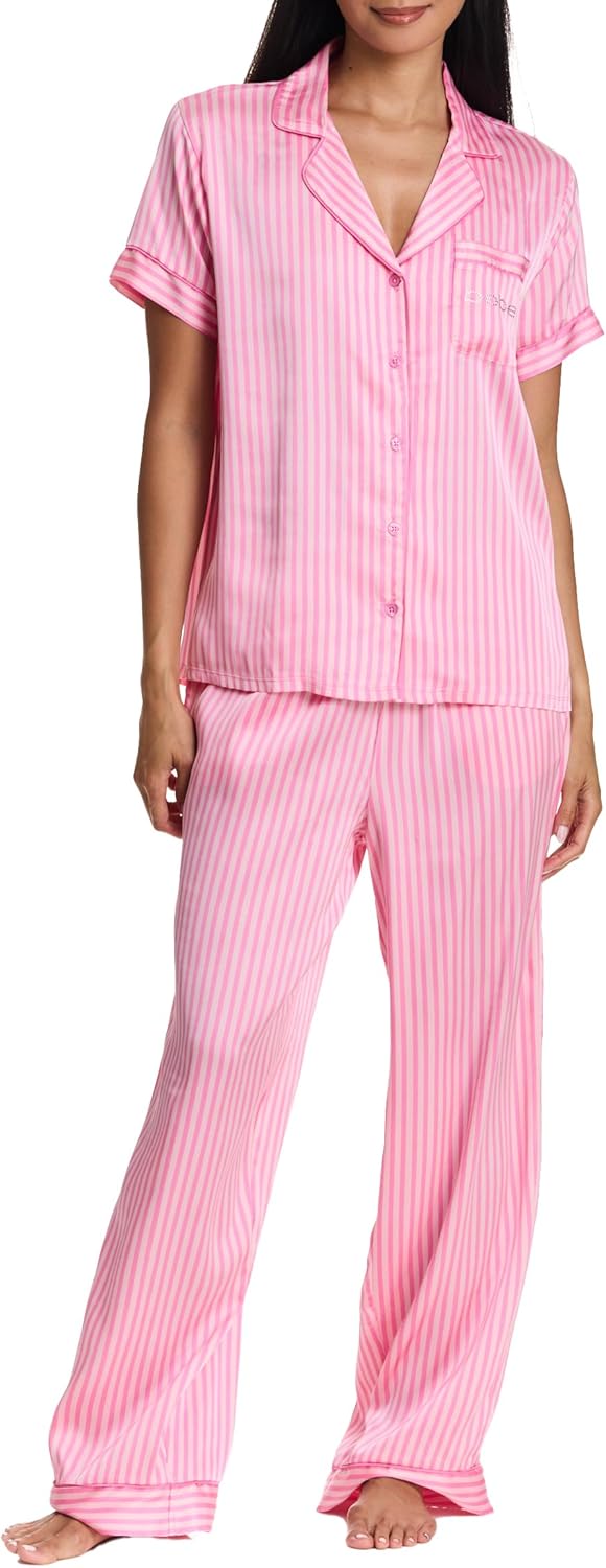 bebe Women's Silky Satin Pajama Set, Button Down Short Sleeve Sleepwear Valentines Gifts for Her