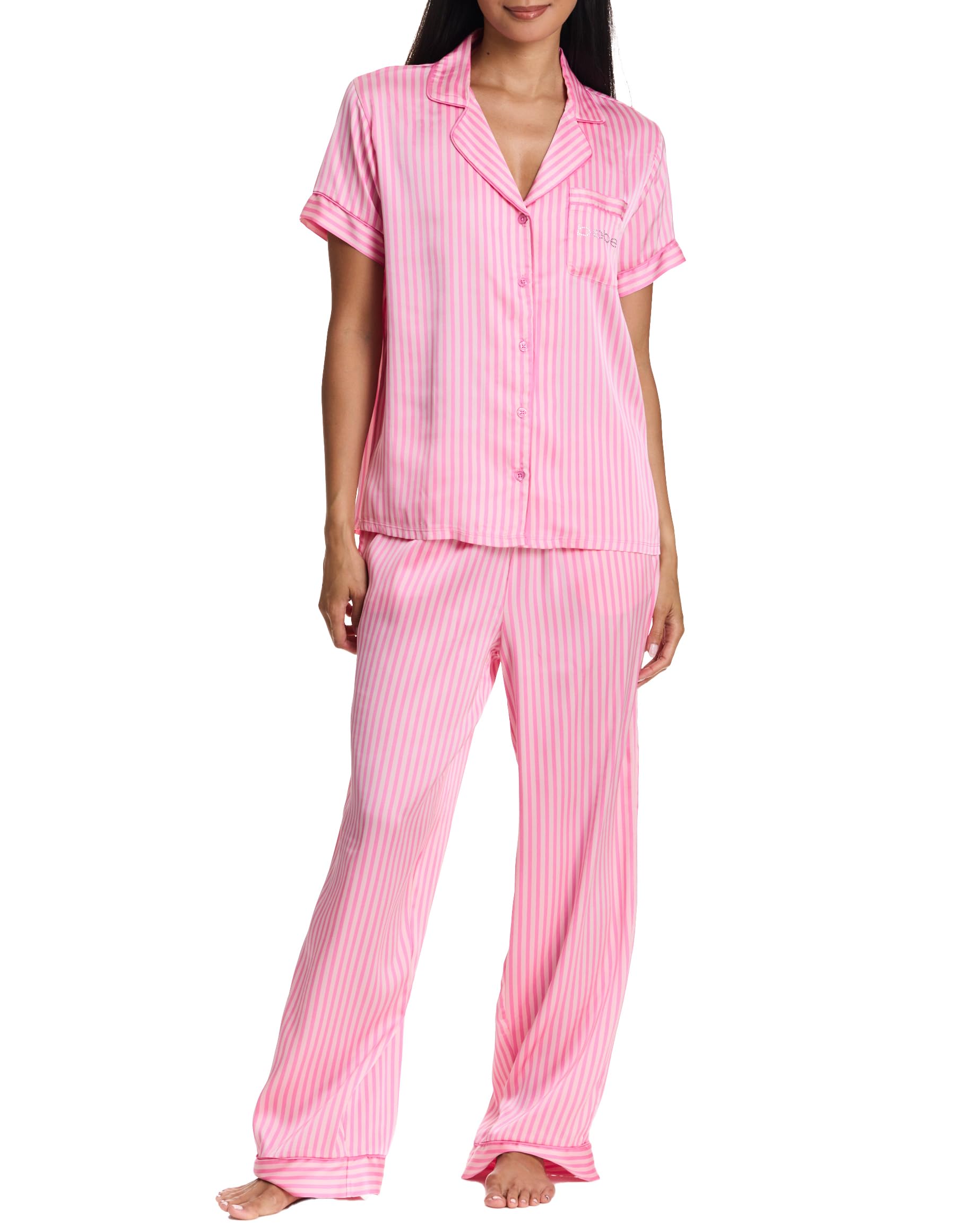 bebe Women's Silky Satin Bridesmaid Pajama Set, Button-Down Short Sleeve Sleepwear in Luxe Patterns (Aurora Pink, Large)