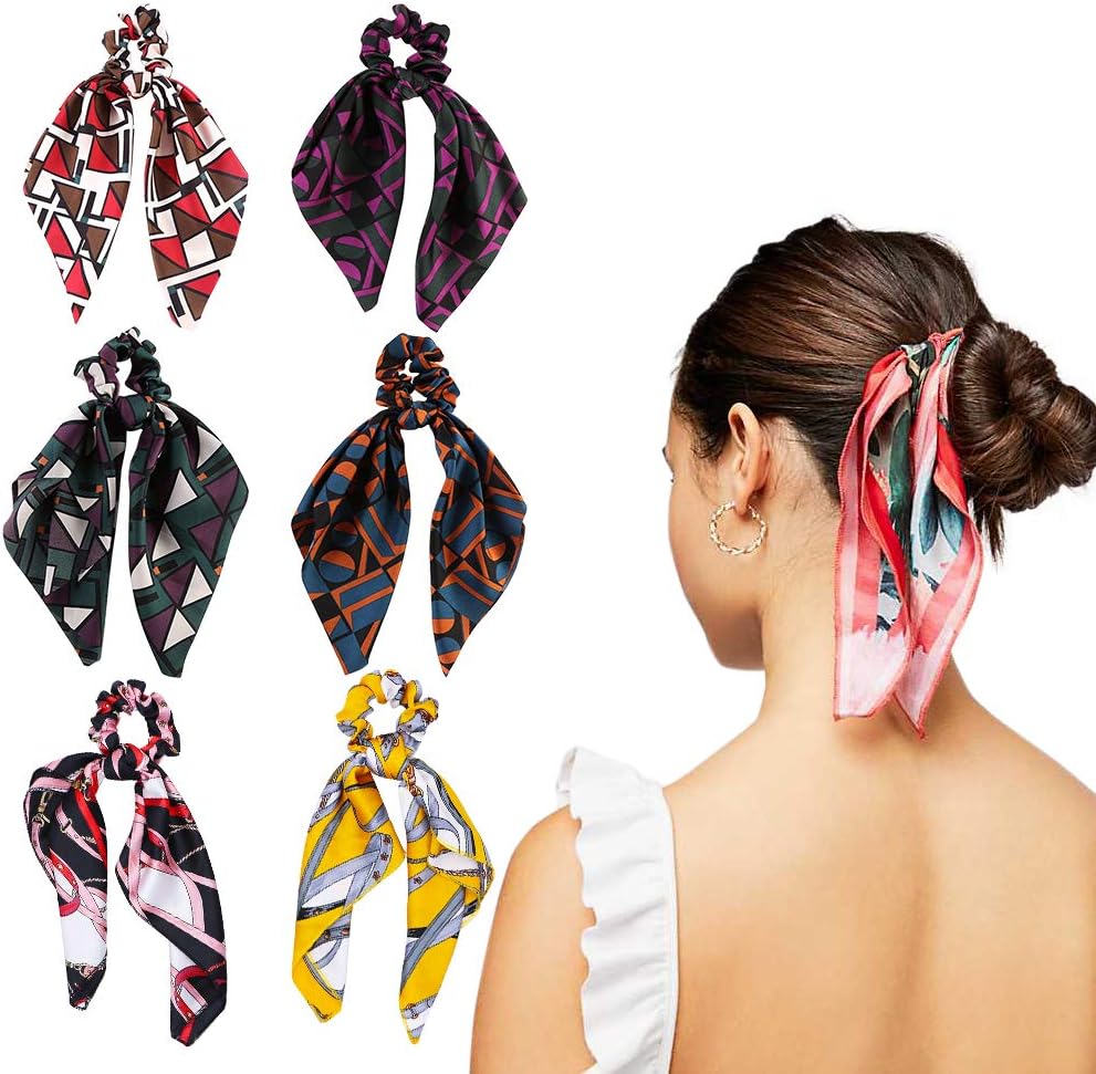 6Pcs Hair Scrunchies Silk Elastic Hair Bands Hair Scarf Ponytail Holder Scrunchy Ties Vintage Accessories for Women Girls