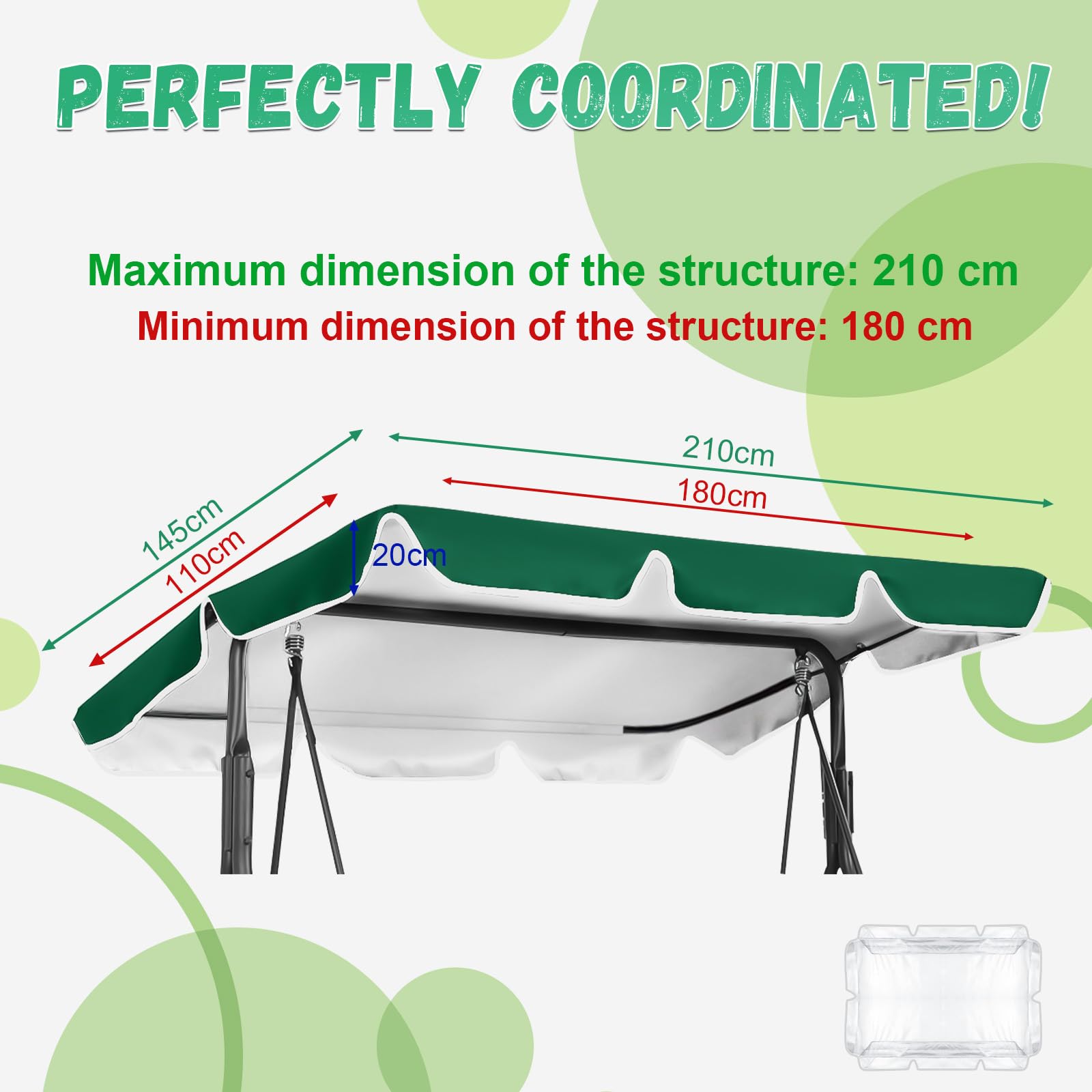 WingFly Columpio de Jardín Balancin de Jardín, Mecedora Hamaca Terraza Techo Toldo Balcón 2 y 3 Plazas, Columpio Jardín Tipo Balancín Toldo, 210 x 145 cm (Verde)