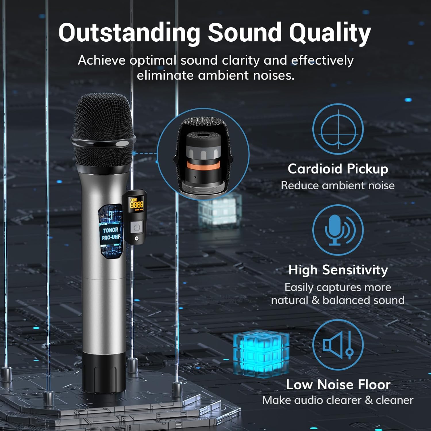 TONOR Wireless Microphones System, 8 * 12 Channel Metal Professional UHF Cordless Dynamic Handheld Mics with Receiver for Home Karaoke, Meeting, Party, Church, Wedding, KTV, 90 m/295ft, TW-880 Silver - Image 5