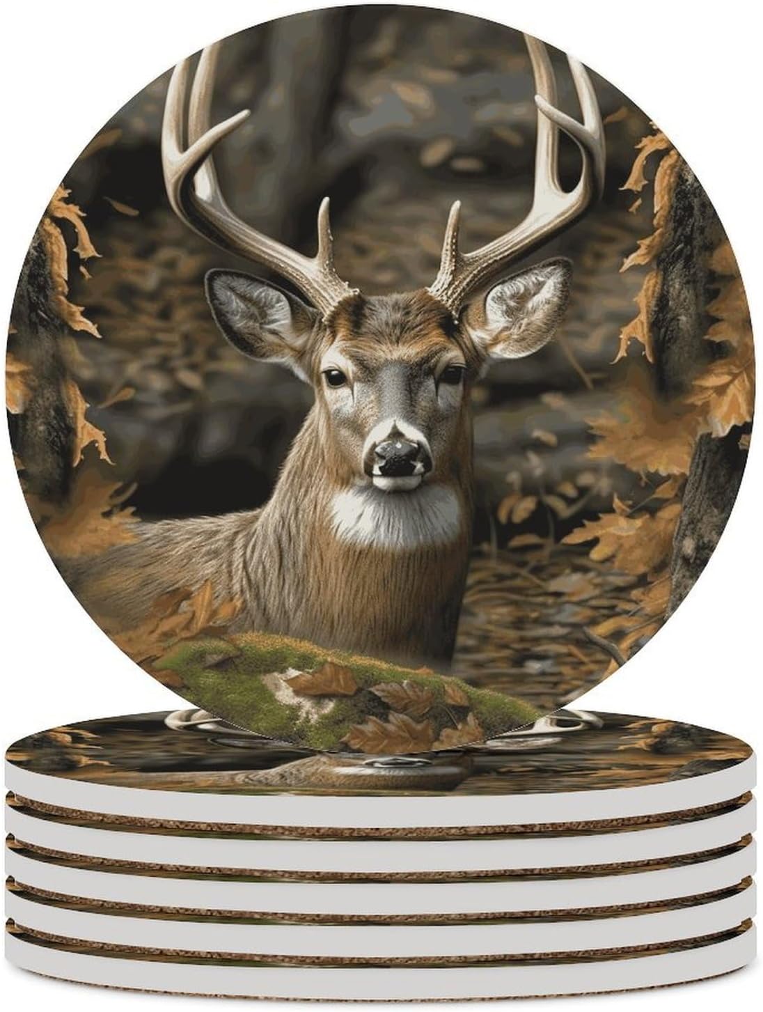 6PCS Camouflage Deer Coasters Non-Slip Round Drink Coasters with Ceramic Stone and Cork Base, Heat Resistant Absorbent 33.00Stone Coaster Set for Kinds of Mugs and Cups, 4 Inch