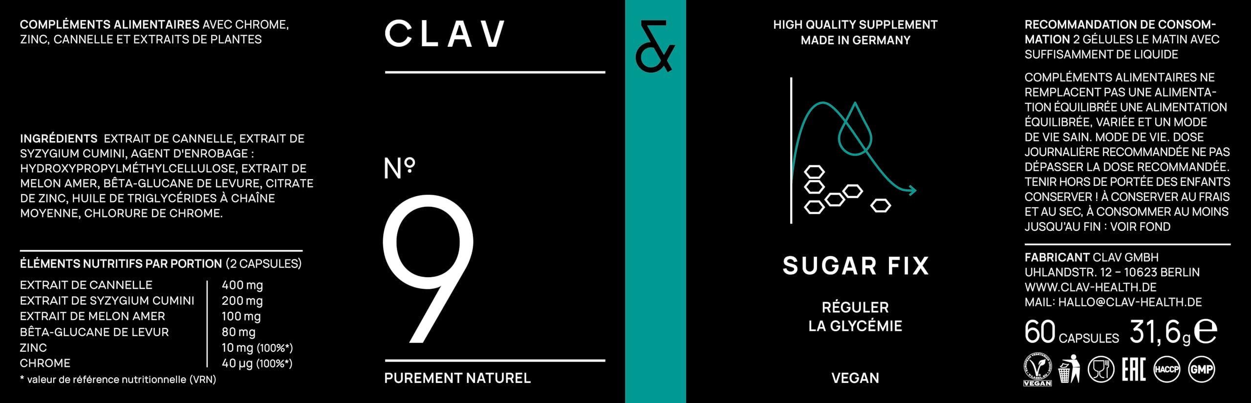 N°9 SUGAR FIX | Pour Contrôle Naturel de Glycémie et Métabolisme Glucidique | Couvre les Besoins Quotidiens en Chrome et en Zinc | 400mg de Cannelle + Syzygium Cumini + Melon amer | 60 Gélules Vegan