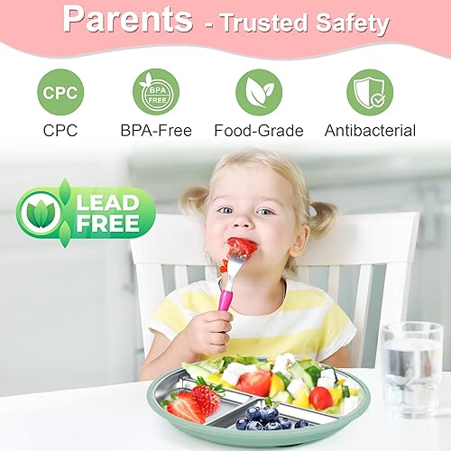 Miniatura 3 de Platos de silicona de acero inoxidable para niños pequeños, 3 paquetes de platos antideslizantes para bebé, porción dividida, placa de silicona de