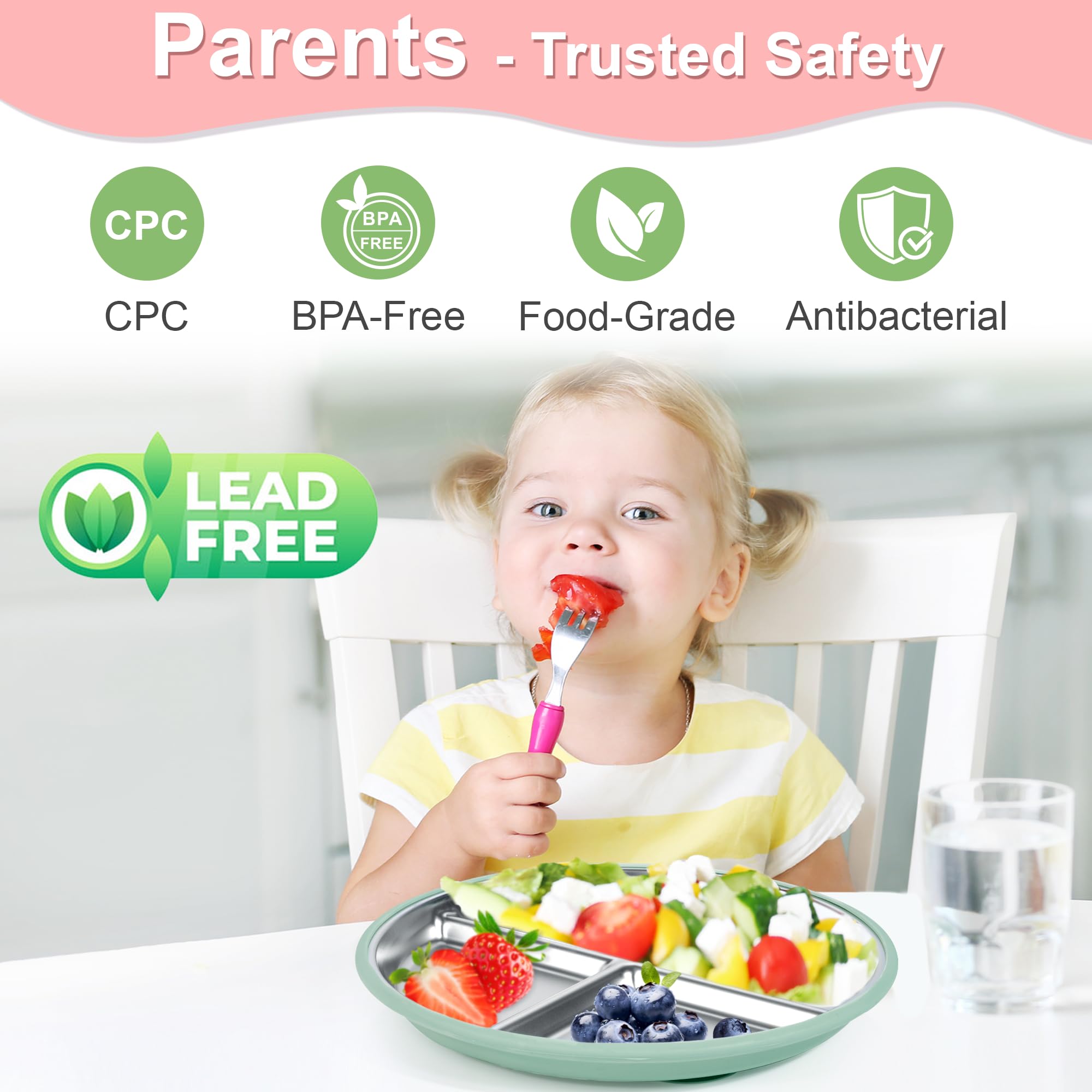 Bella's Friends Stainless Steel Kids Plates Suction Plate for Baby,Toddler Plates Non-Toxic Divided,Food-Grade Silicone Baby Plates,Dishwasher Safe,3 Packs,Grey Mint Green Pink
