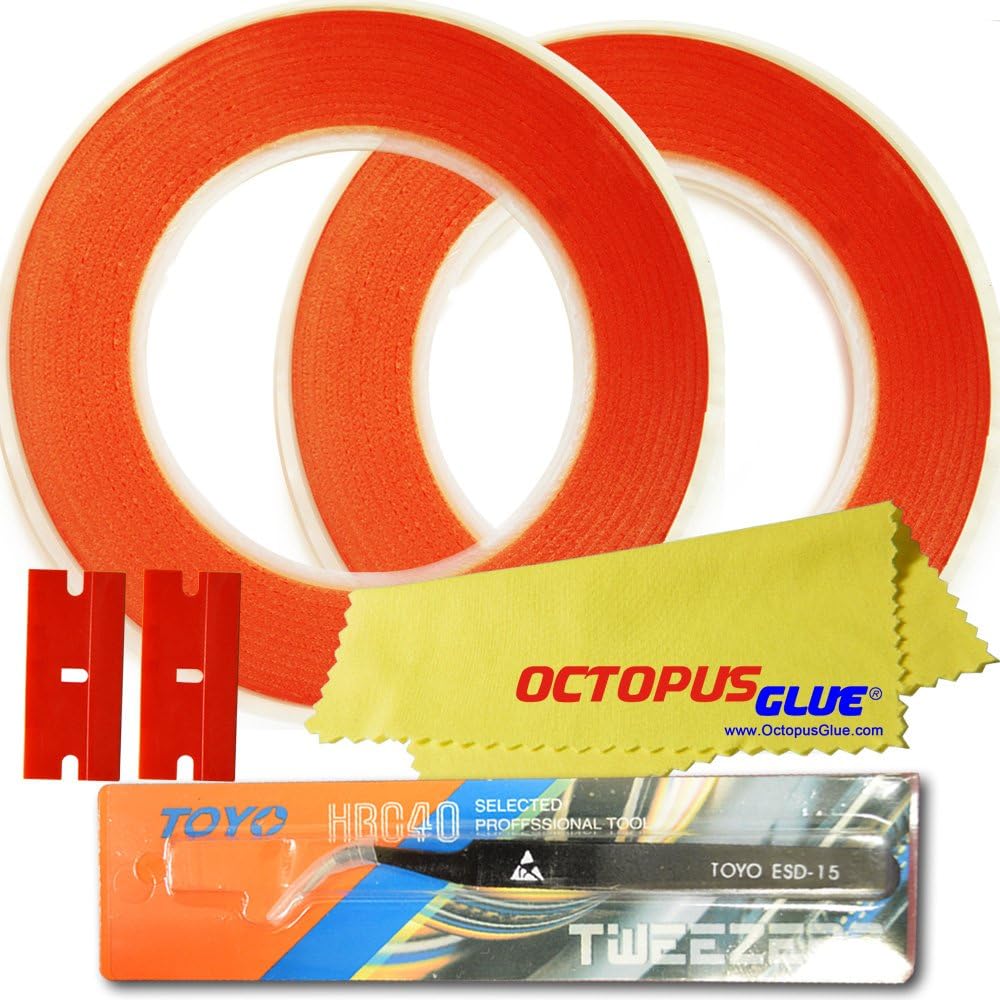 Octopus Glue 2pcs Rolls of 2mm x 30m Clear Double Sided Adhesive Tape (Type 4910 Red Backing) with ESD Anti-Static Tweezer, Microfiber Cloth & 2 Plastic Razor Blades for Phone LCD, Digitizer Repair