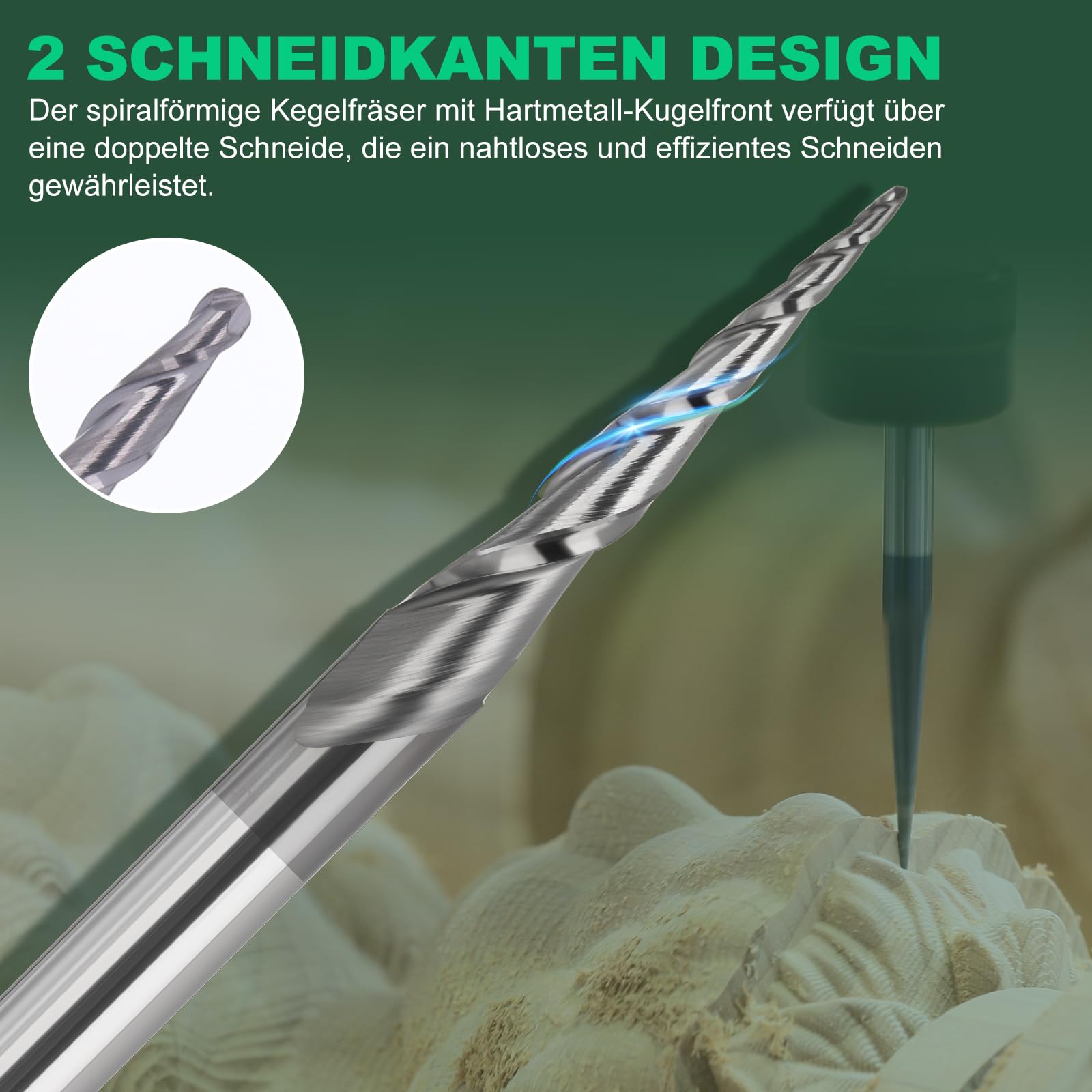 Lot de 5 fraises à tête sphérique - Rayon de 0,25 mm - Fraise CNC en bois - 3,175 mm - Tige 1/8" - 2 flûtes - Longueur totale : 40 mm - Pointe conique - Fraise à queue VHM - Pour gravure 2D