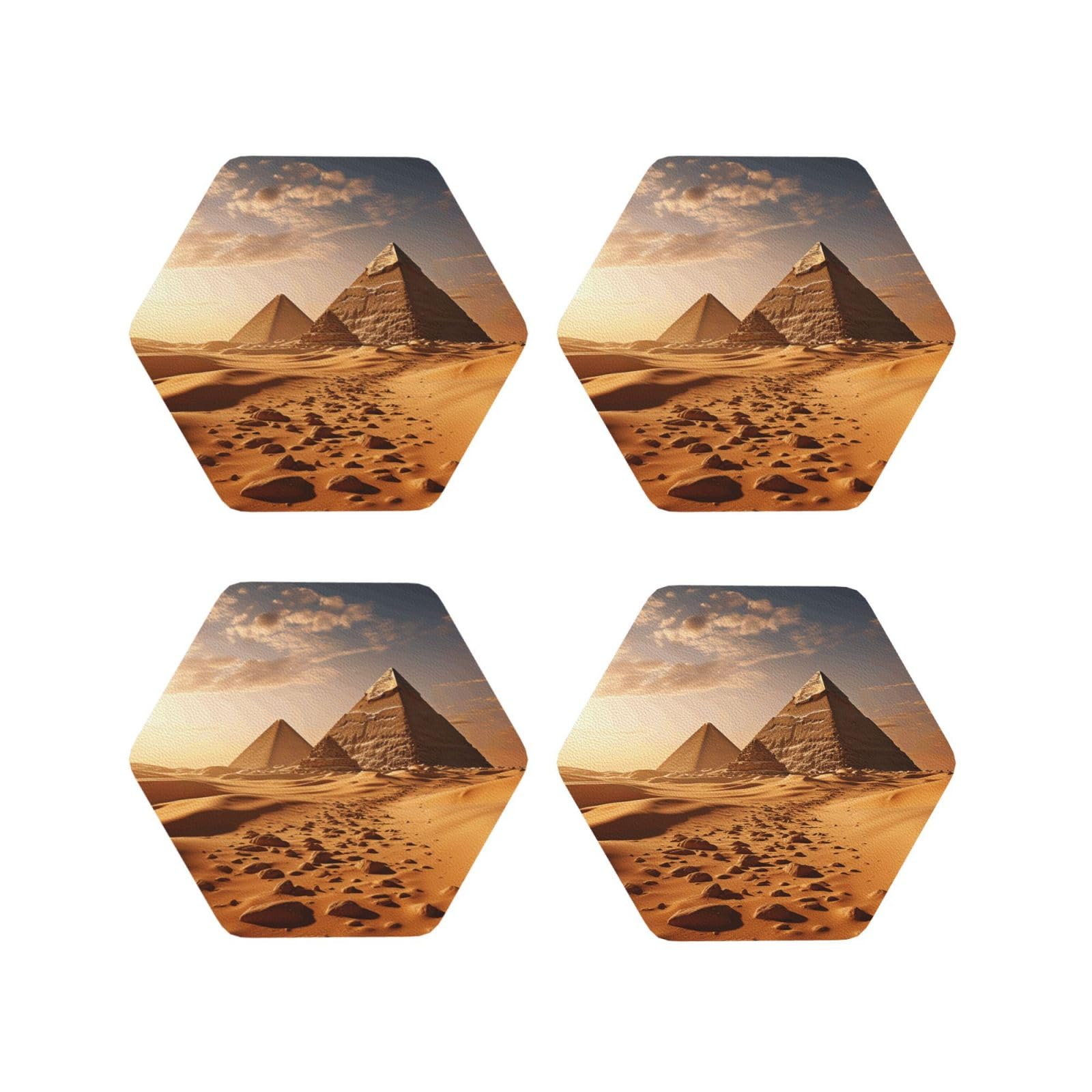 4Pcs PU Leather Coaster for Drinks, Pyramid Africa Desert Cup Coastersr 4" Cup Mat Pad, Aesthetic Drink Coasters for Coffee Table, Hexagon Coaster for Tabletop Protection