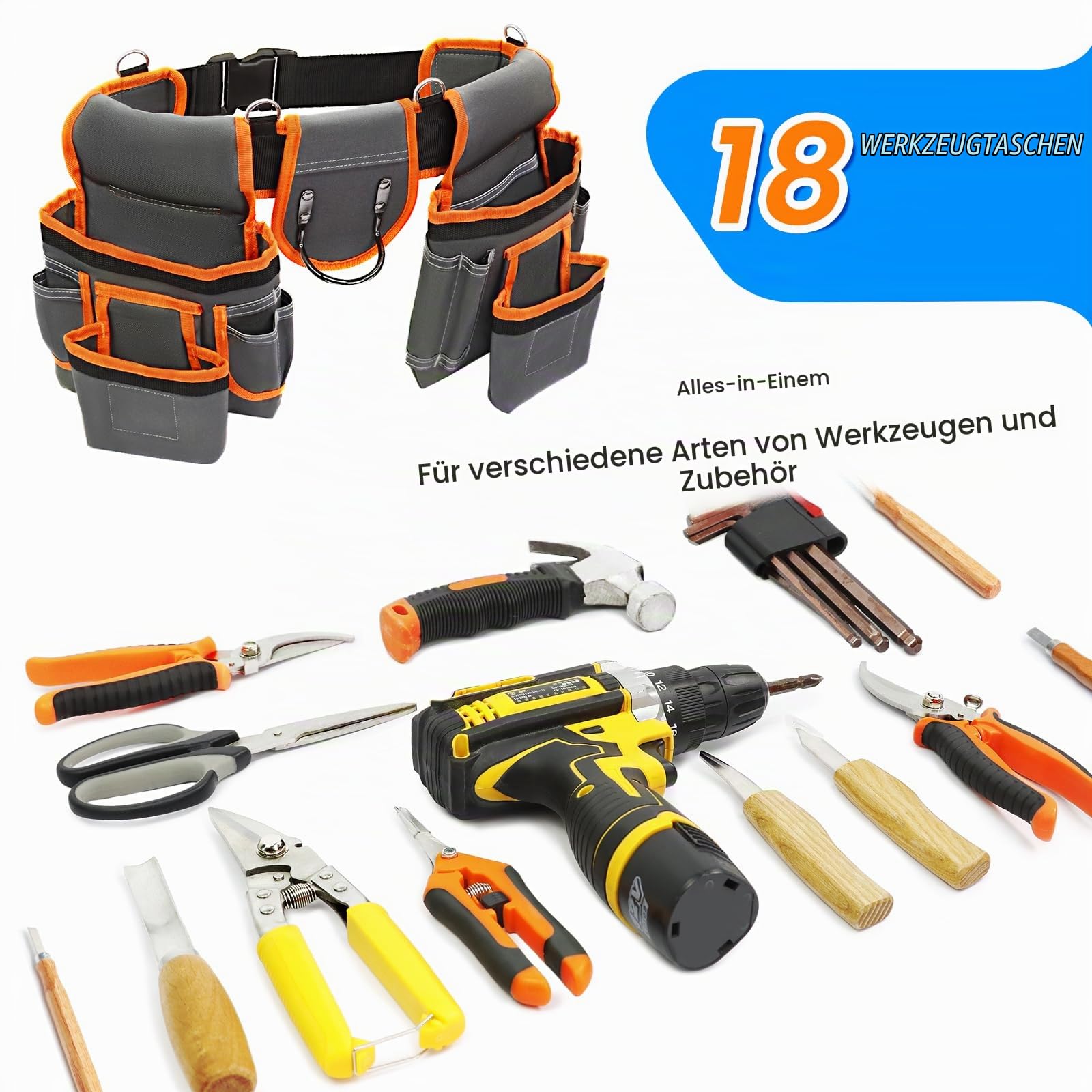 Werkzeuggürtel für Männer mit Nageltasche, Maßbandtasche und HammerhalterMagnetische Werkzeugtasche für MännerAbnehmbare und verstellbare Werkzeugtasche für Elektriker, Zimmerleute, Gärtner