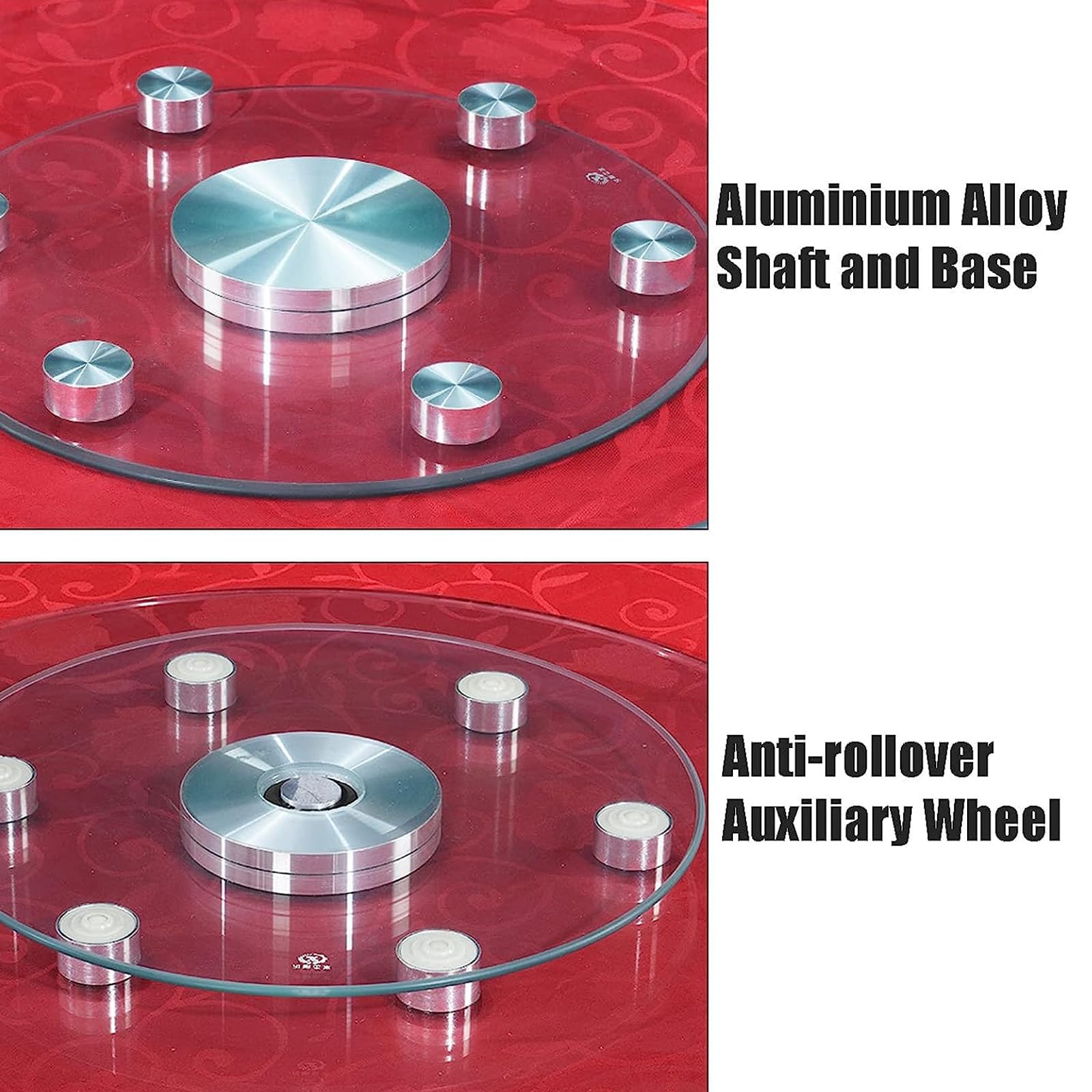 Plateau tournant Rond en Verre trempé Lazy Susan Table de Salle à Manger rotative à 360 ° Dessus de Table en Verre trempé Lazy Susan Plateau de Service Transparent avec 6 Roues Anti-basculem