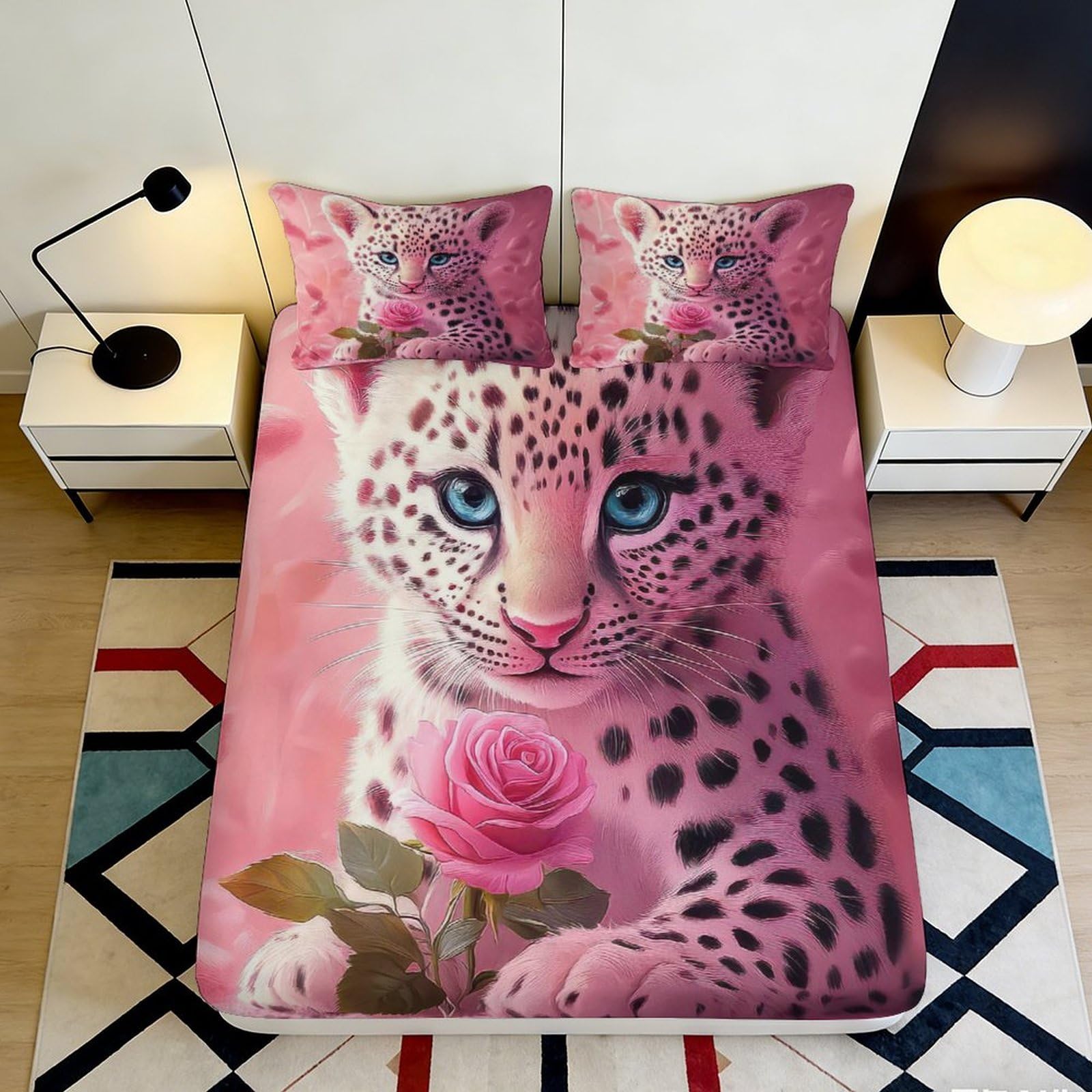 Uynsixtme Style-2 3D Printed Pink Leopard Fitted Sheet Microfiber Deep Pocket Non-Slip Pink Leopard Mattress Fitted Cover Bedroom Bedding 140X200x25cm