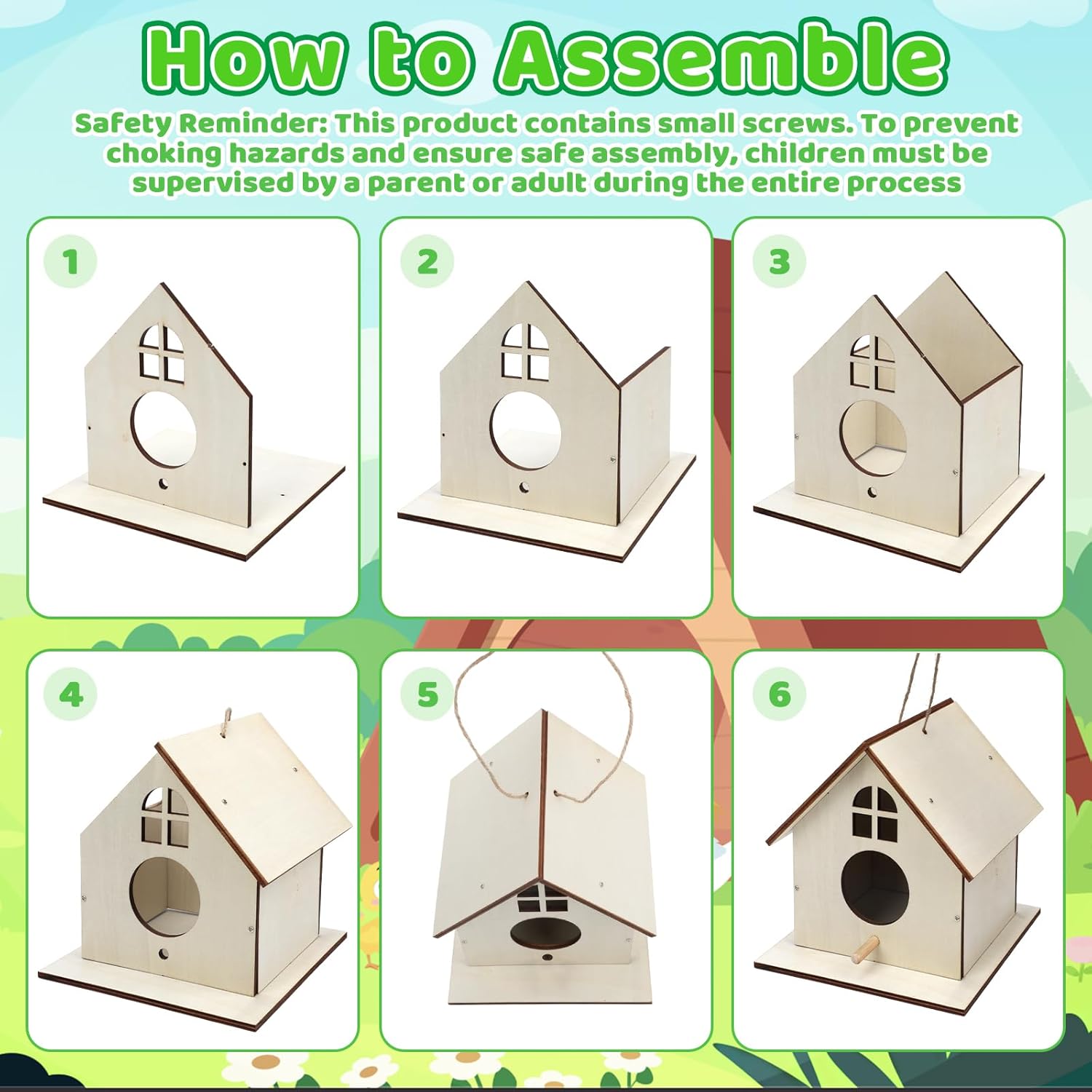 6 Pack Wooden DIY Birdhouse Kit for Kids Adults, Thickened Double-Layer Wood with Screwdrivers, Nails, Ropes, Easy Build & Paint Arts and Crafts Set for Backyard Garden Bird Watching