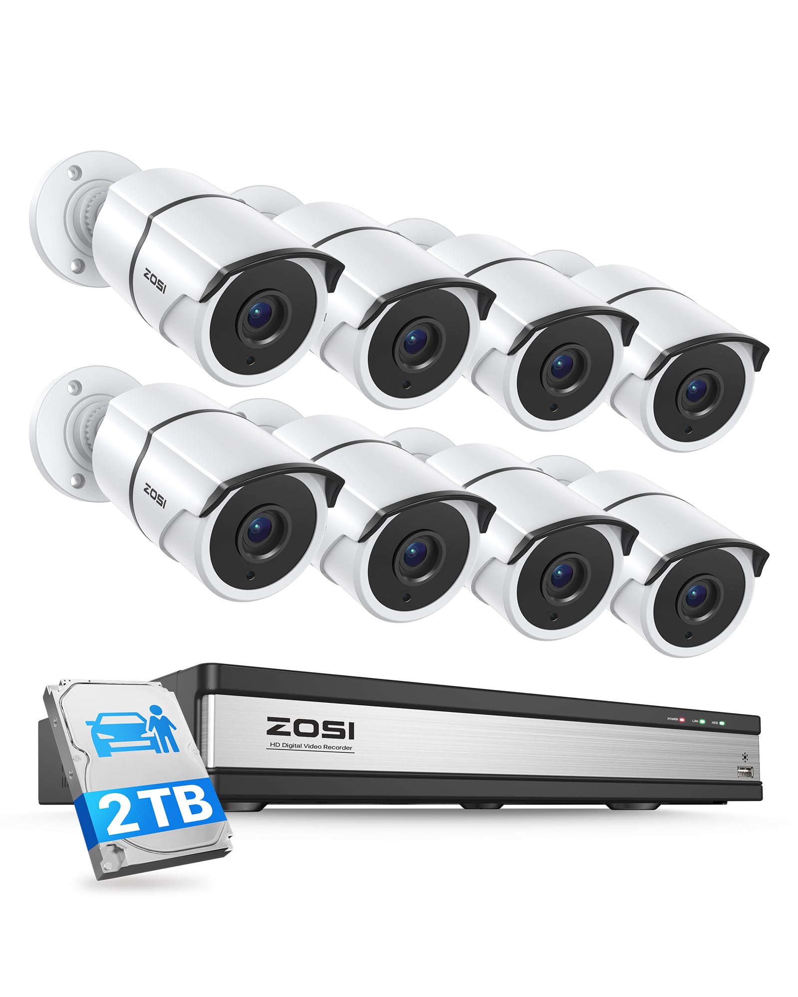 ZOSI 16 Channel Wired Security Camera System with 2TB HDD, 8 x 1080P Outdoor Metal CCTV Cameras with Audio, Human/Vehicle Detection, Night Vision, No Monthly Fee, 16CH DVR for Business 24/7 Recording 16CH-8Cam-2TB
