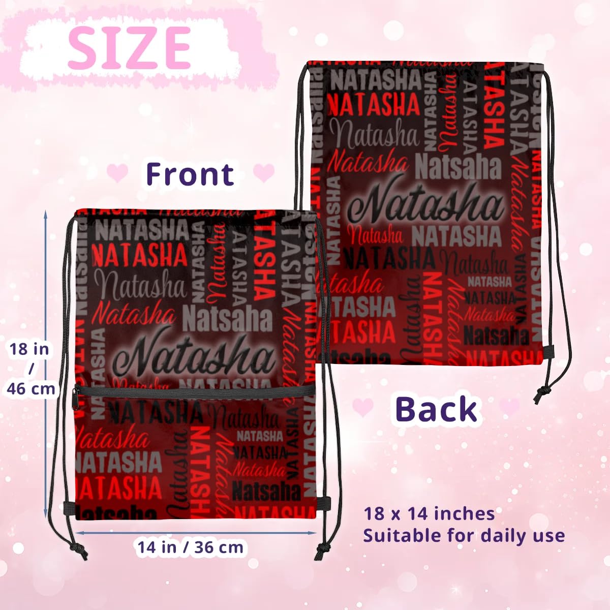 RIRIX Personalized Drawstring Backpack Dance Bag Gymnastics Bag for Girl, Custom Sport Sackpack String Gym Bag Weekender Bags for Boy Red Black Text