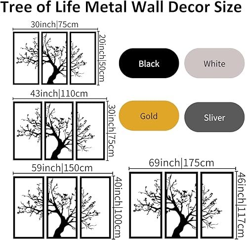 Miniatura 3 de Fayholy Árbol de la vida 3 paneles de decoración de pared de metal, decoración de pared de metal, letrero de árbol, arte de pared de metal para