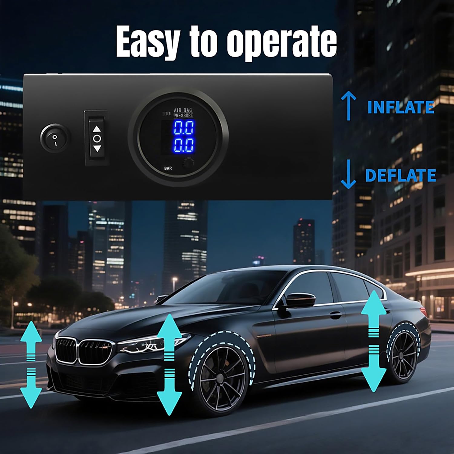 12V Air Management Featuring 2-Valve Air Ride Suspension Manifold, Simplify Control Panel and Ship Type Switch and Two-Way Blue Display Air Pressure Gauges