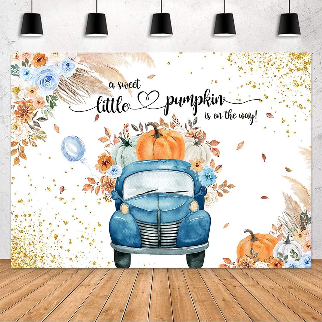 Avezano Blue Pumpkin Baby Shower Backdrop for Boy Little Pumpkin Truck Banner Fall Thanksgiving Baby Shower Decorations 7x5ft
