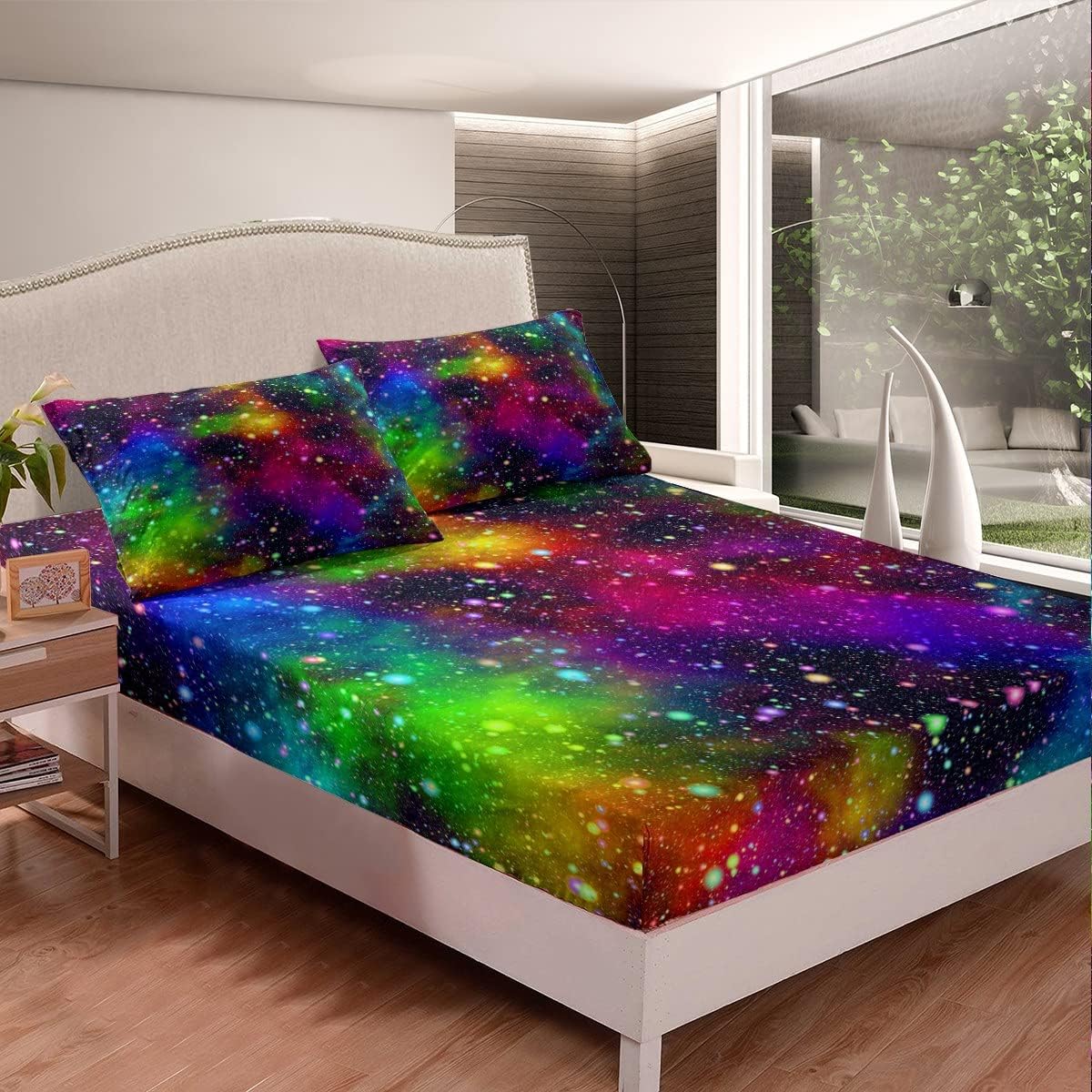 Erosebridal Colorful Galaxy Fitted Sheet Queen Size Space Theme Sheet Set Starry Sky Bedspread Modern Dream Bedroom Decorative 3 Pieces Bedding Set (1 Fitted Sheet 2 Pillow Cases) Watercolor