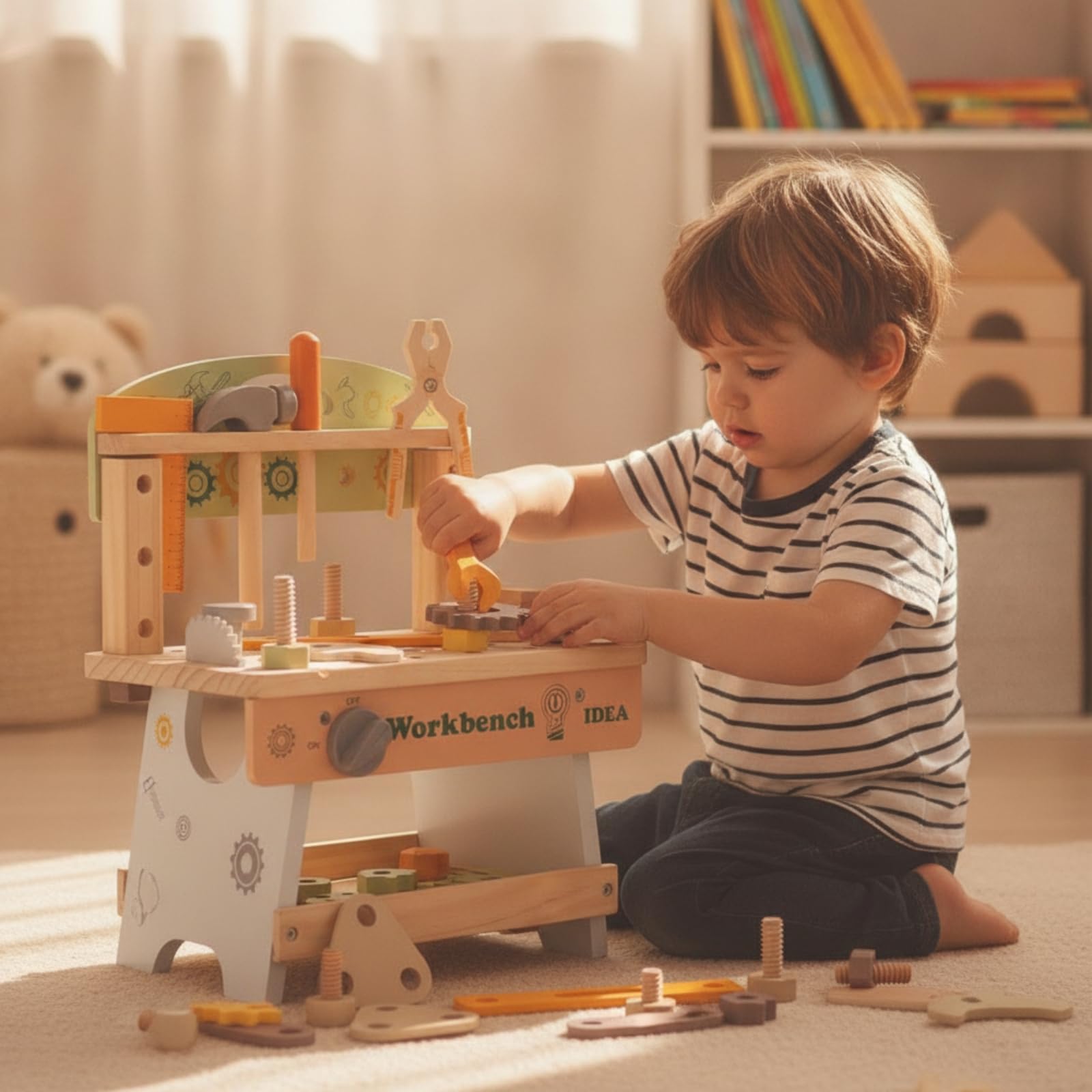 Banco da Lavoro Giocattolo Creativo Banco da Lavoro in Legno Sicuro Gioco per Bambini, Spazio Giochi