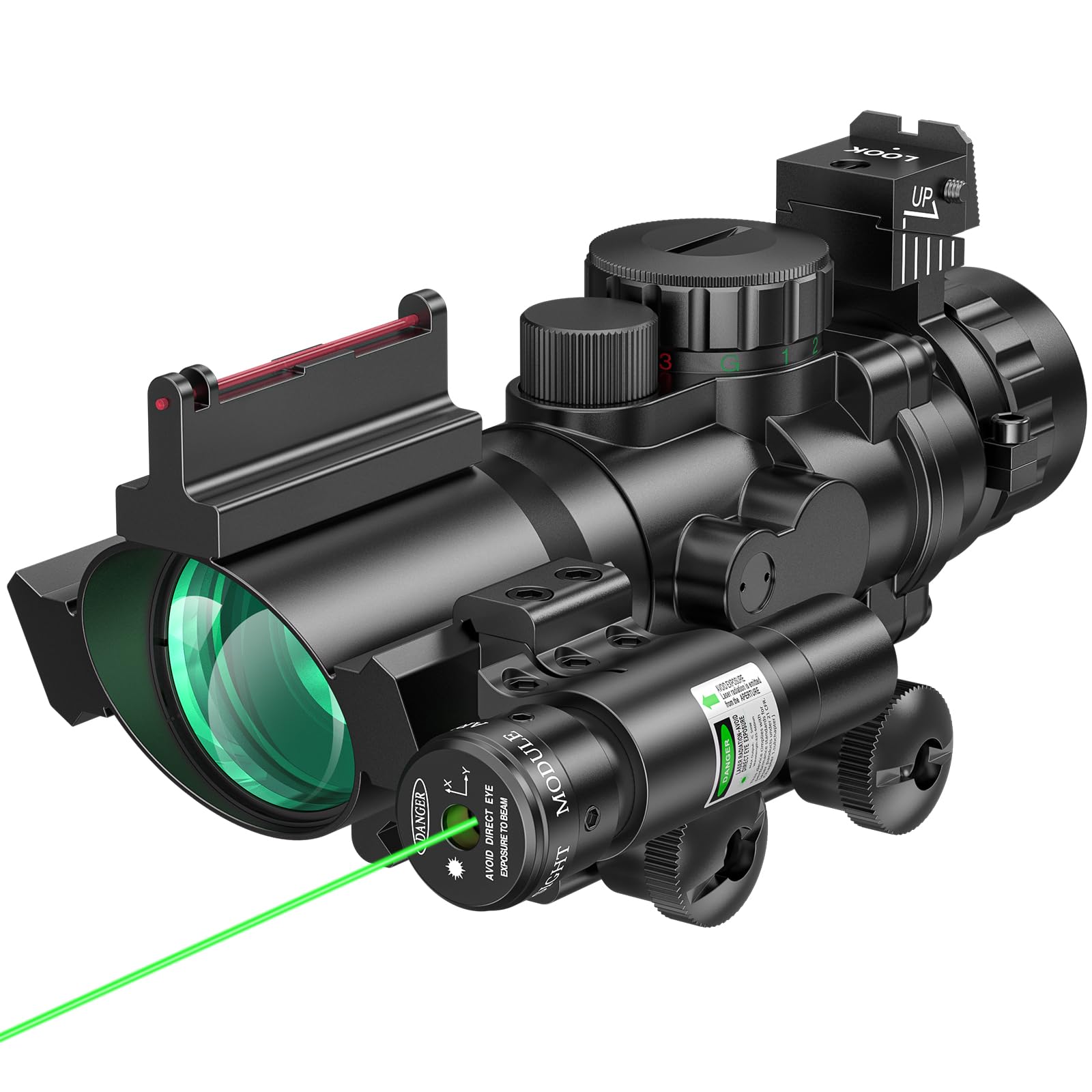 MidTen 4x32 Prism Tactical Rifle Scope Red & Green & Blue Illuminated Reticle Hunting Guns Scope with Mount for 20mm Rail and Fiber Optic Sight and IIIA/2MW Green Laser Sight