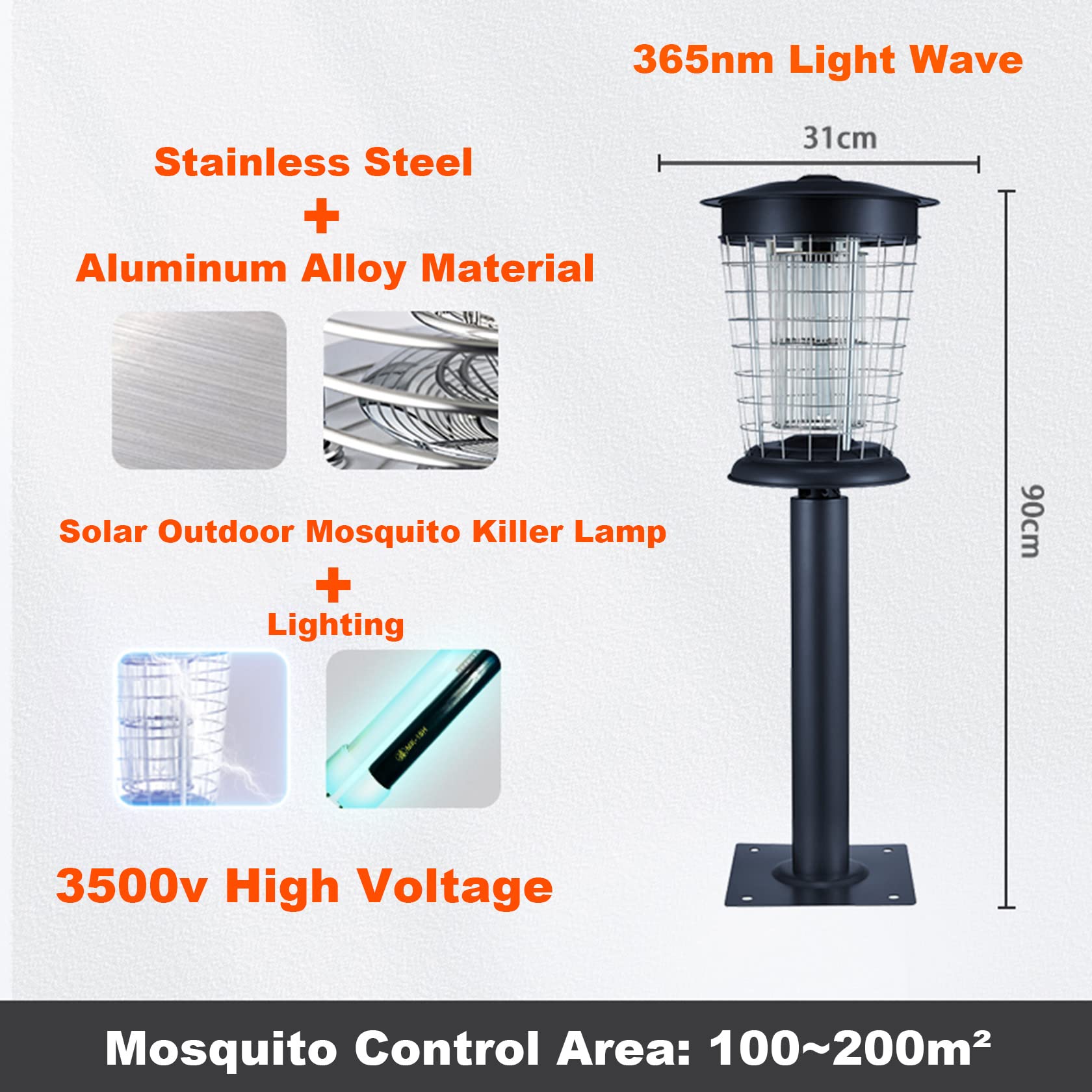 Lampada Antizanzare Elettrica 3500V, 2 in 1 Luce del Paesaggio Esterno in Lega di Alluminio,IPX6,Adatto per parchi, scuole, ospedali e Ville, Mosche, Falene, Insetti Zanzare,200m²,E
