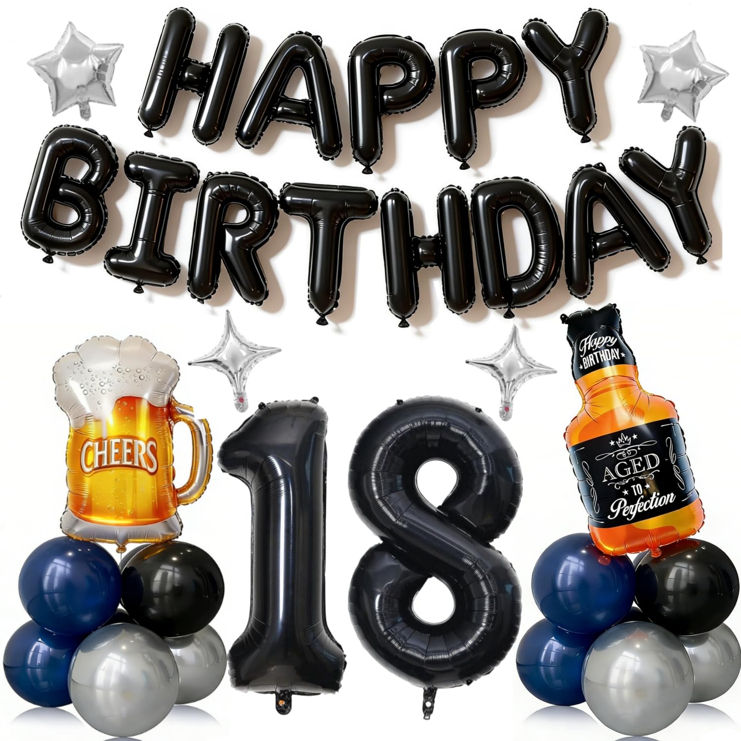 18th Birthday Decorations for Men 41pcs with Number 18 Foil Balloon Black and Blue Balloons Whiskey Beer Kit for Party Supplies
