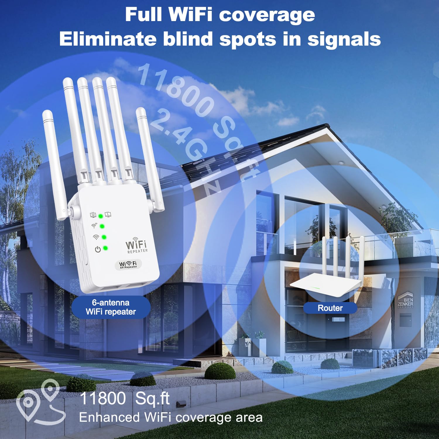 New WiFi Extender Signal Booster for Home, Supports 50+ Devices, WiFi Repeater10000 Sq.ft Coverage, Repeater/AP Mode, 6 Antennas, Ethernet Port, WPA2 - 4