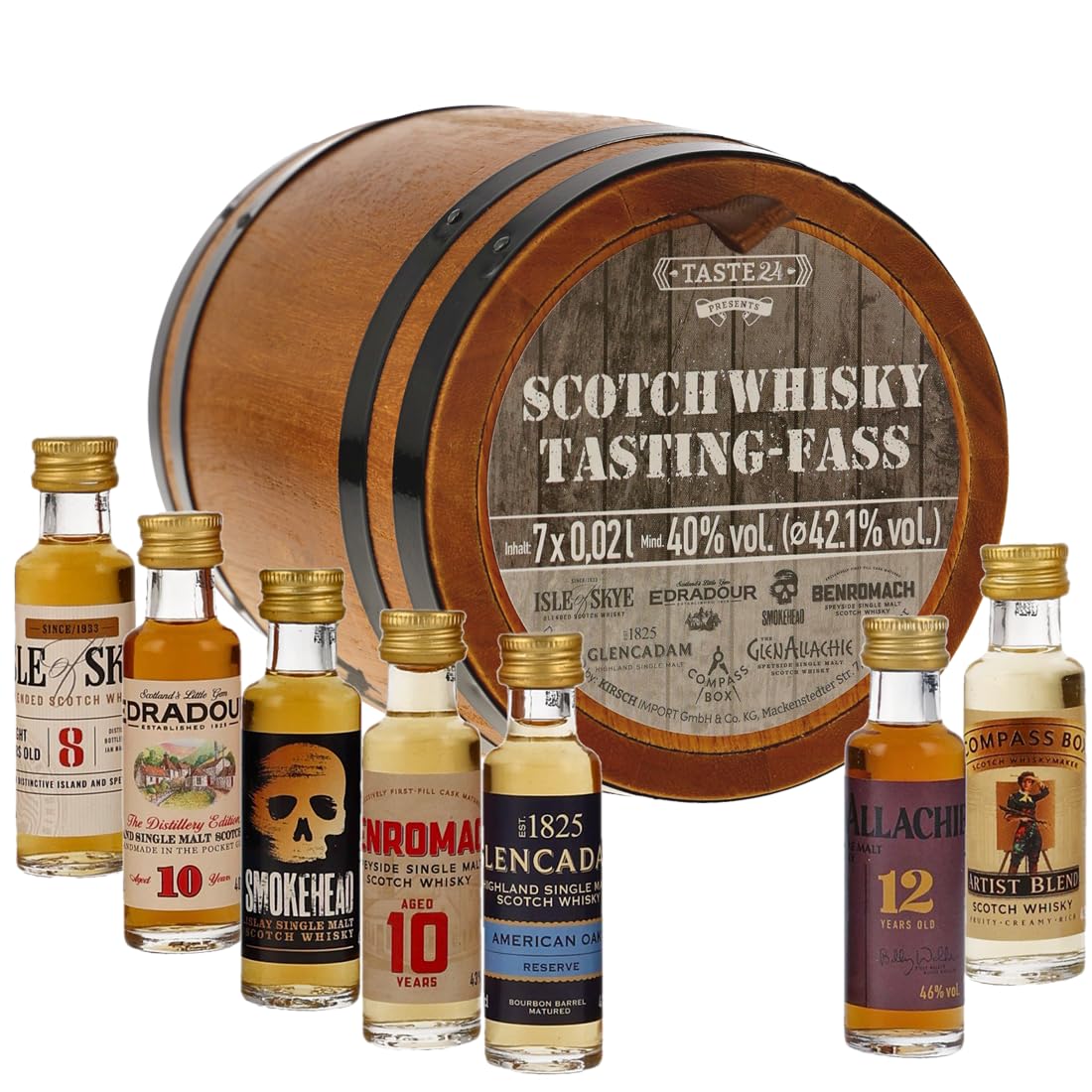 Scotch Whisky Tasting Fass | Taste 24 | Echtholz-Fässchen mit 7 verschiedenen Mini-Whiskies ja 20 ml.