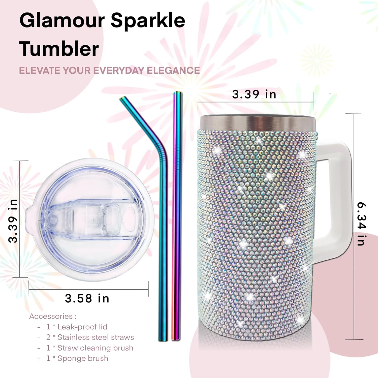 20oz Bling Tumbler With Handle Stainless Steel Rhinestone Insulated Cup with Lid and Straw Double Wall Vacuum Coffee Cup Reusable Glitter Travel Coffee Mug for Cold and Hot (Aurora White) - Image 3