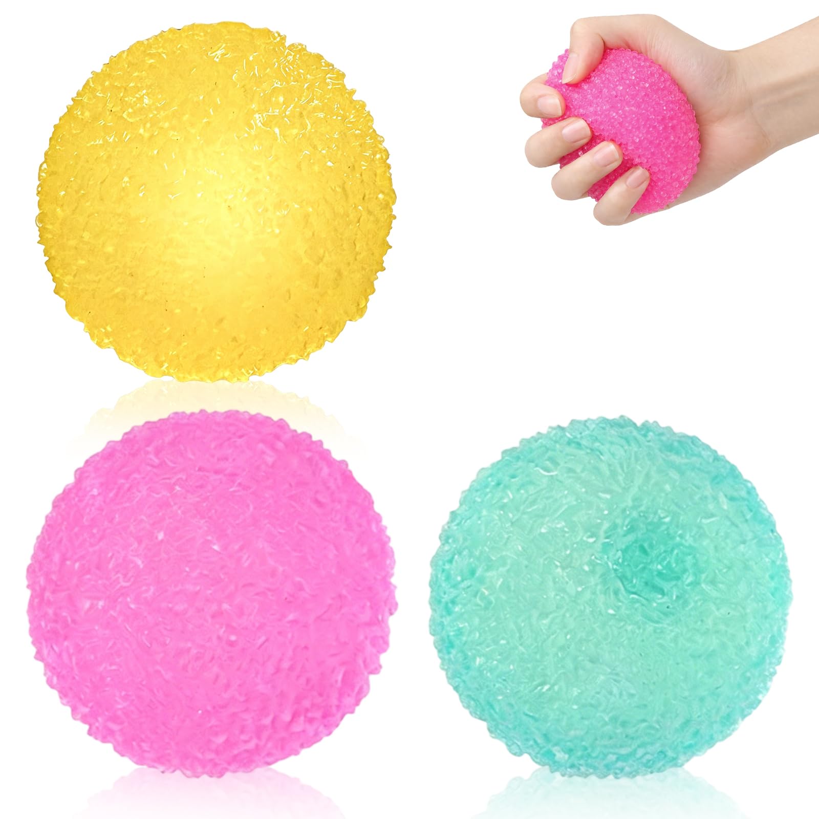 3Pcs Sugar Squishy Stress Relief Balls, Sensory Fidget Tools for Stress and Focus, Soft Textured Balls for Office and Relaxation Use, Includes Pink and Green Grass Balls Plus Yellow Lychee Ball