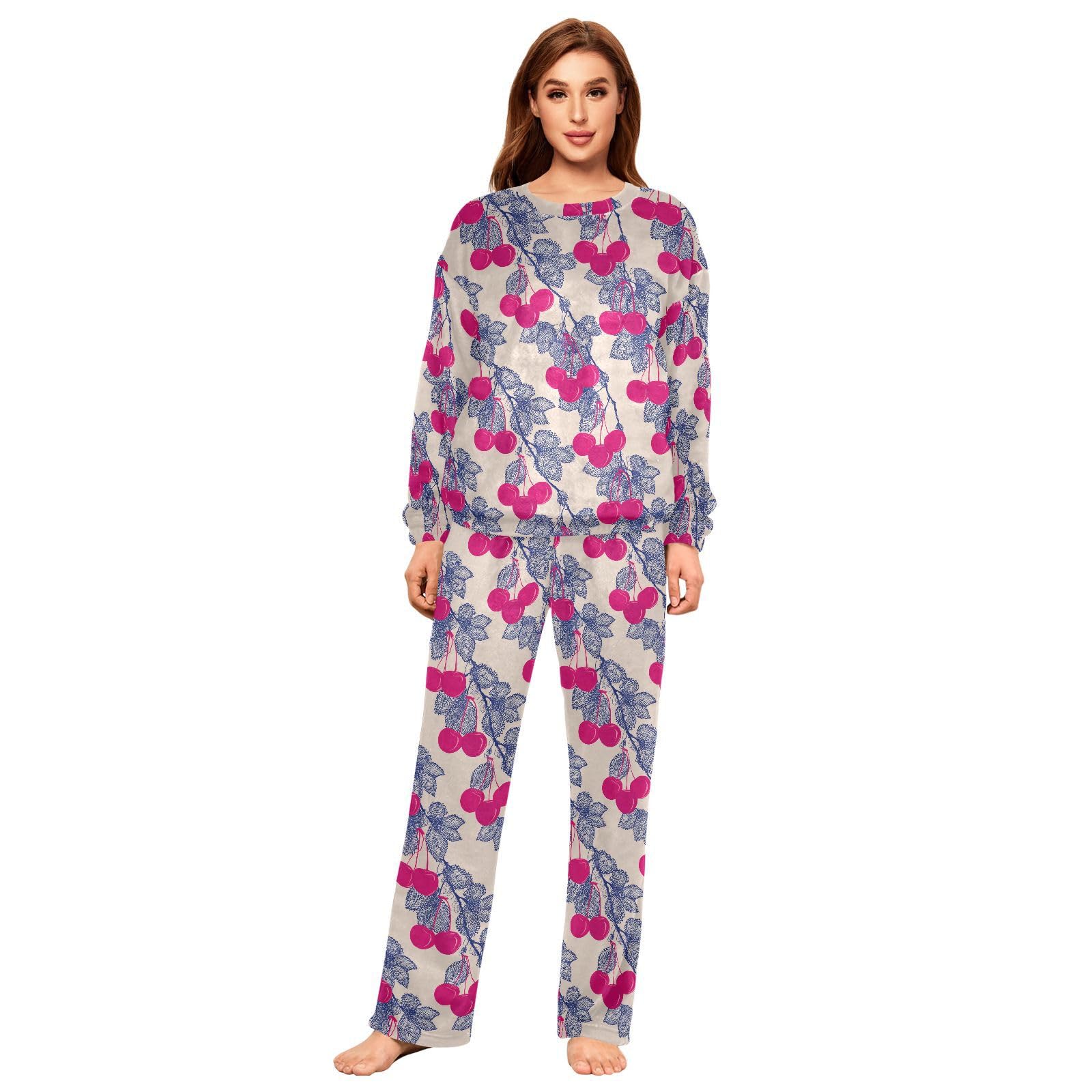 Pigiama casual in pile per le donne retrò viola ciliegia blu foglie manica lunga girocollo indumenti da notte abbigliamento