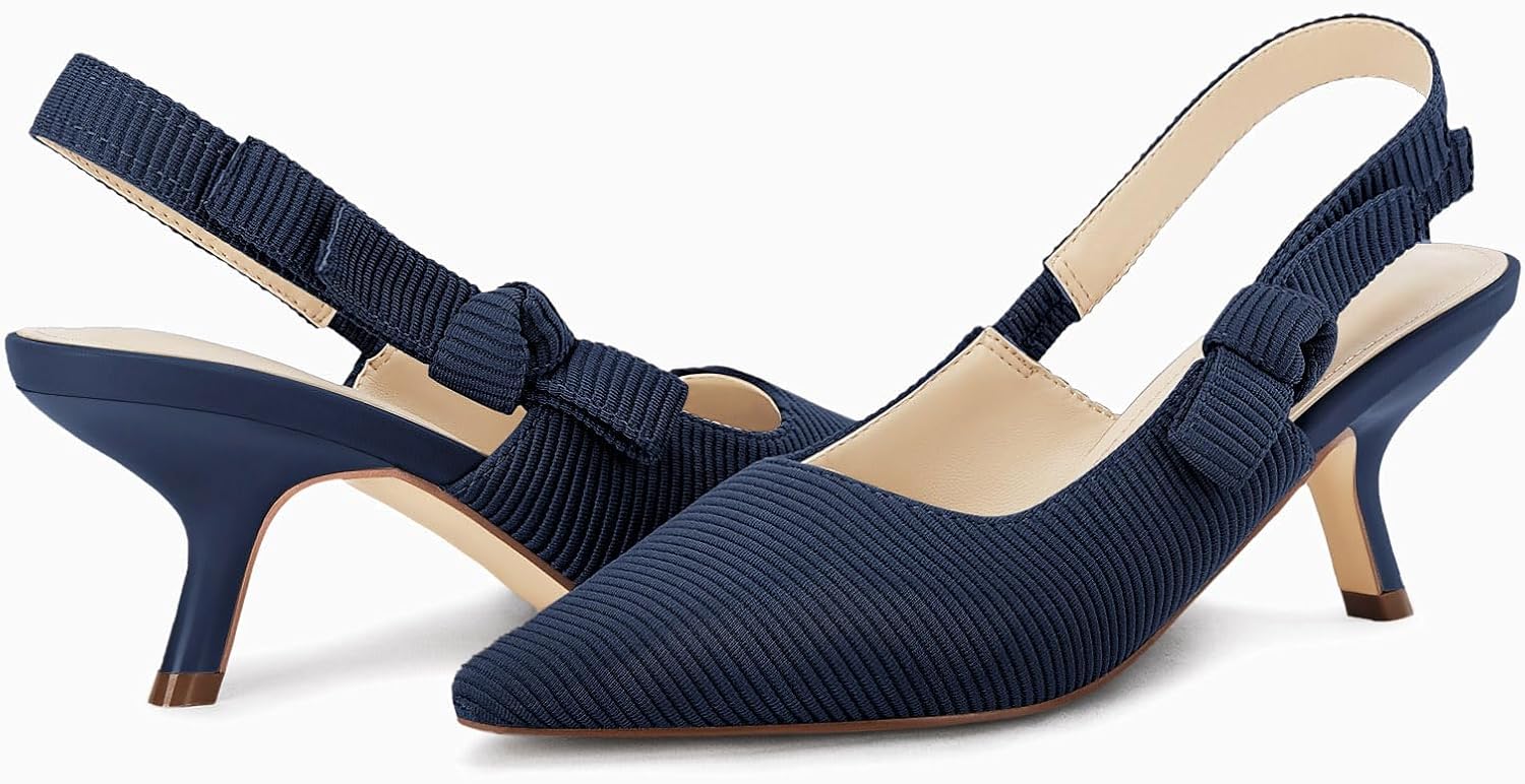 Coutgo Womens Slingback Kitten Heels Closed Pointed Toe Bowknot Knitted Slip On Work Pumps Dress Shoes - Image 5