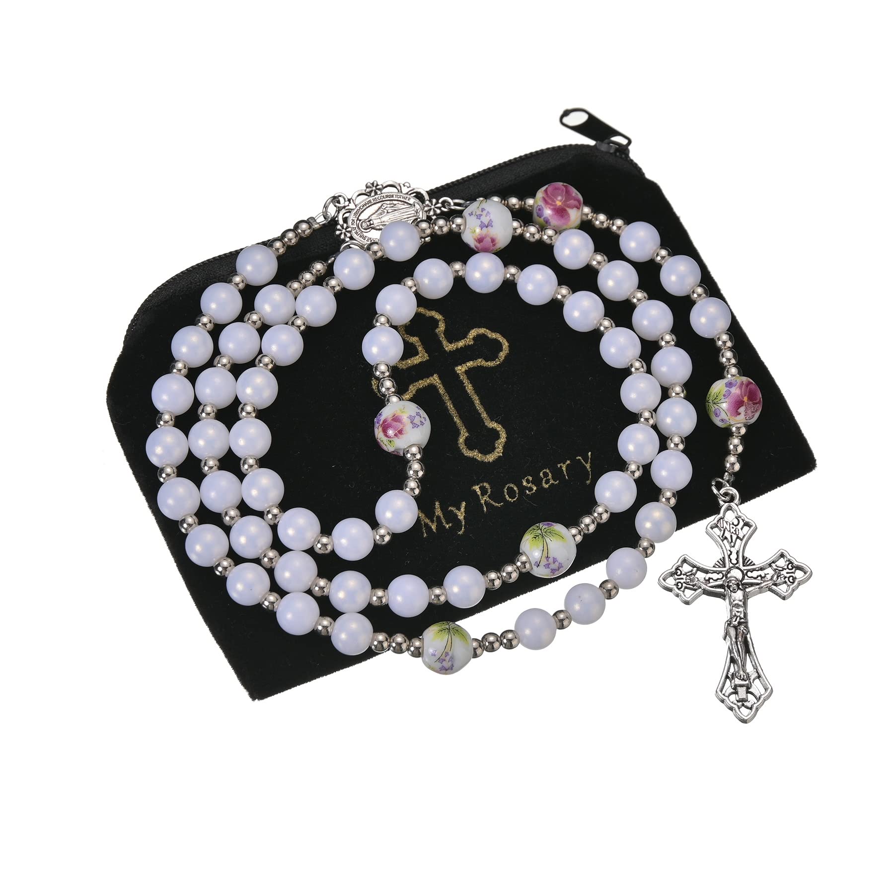 SALOMOCA8mm Purple Pearl Beads Catholic Rosary Glass Beaded Acrylic String Necklace White Ceramics Bead Rosary Miraculous Medal Crucifix Cross Gift for Women Girls