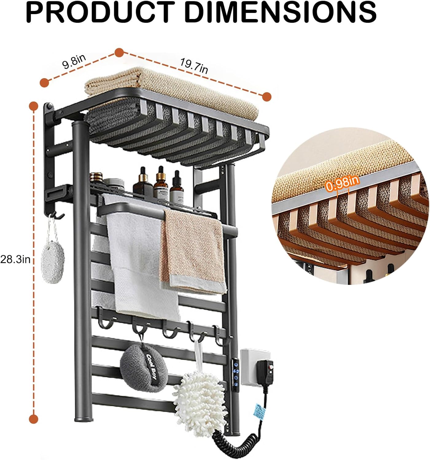 Wall Mounted Heated Towel Warmer Rack for Bathroom, Matching 8-Grid Electric Towel Warmer and 5 Hooks Auto Shut-Off Timer, LED Display Panel, Carbon Fiber Heating Ldeal for The Bathroom