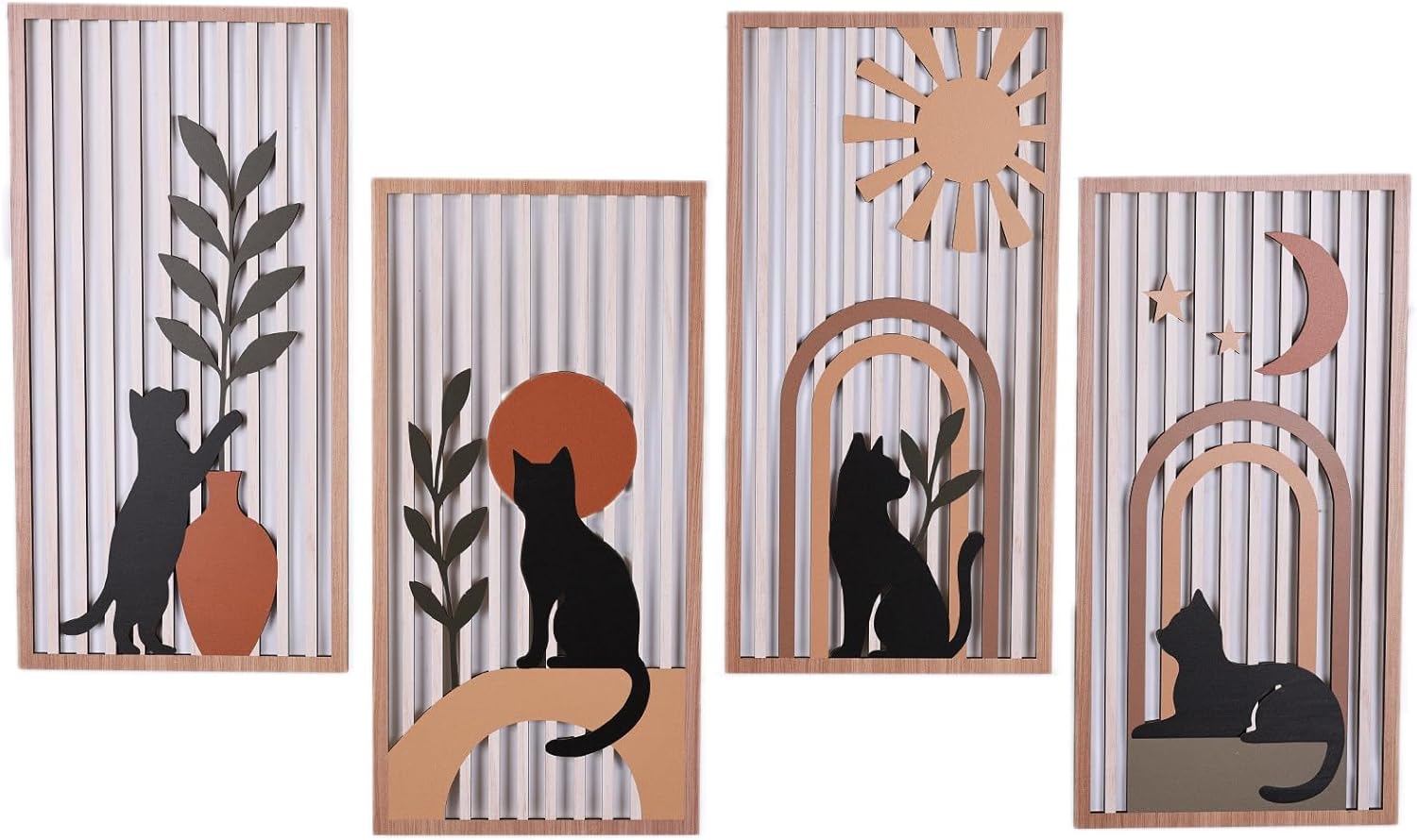 SHENGTIAN 4 Piece Unique Wall Art Set, Aesthetic Cat Art - Geometric Boho Wood Art, Black/Funny Cat Prints, Mid Century Modern Style, for Farmhouse/Office/Bedroom/Living Room, Narrow Vertical Design