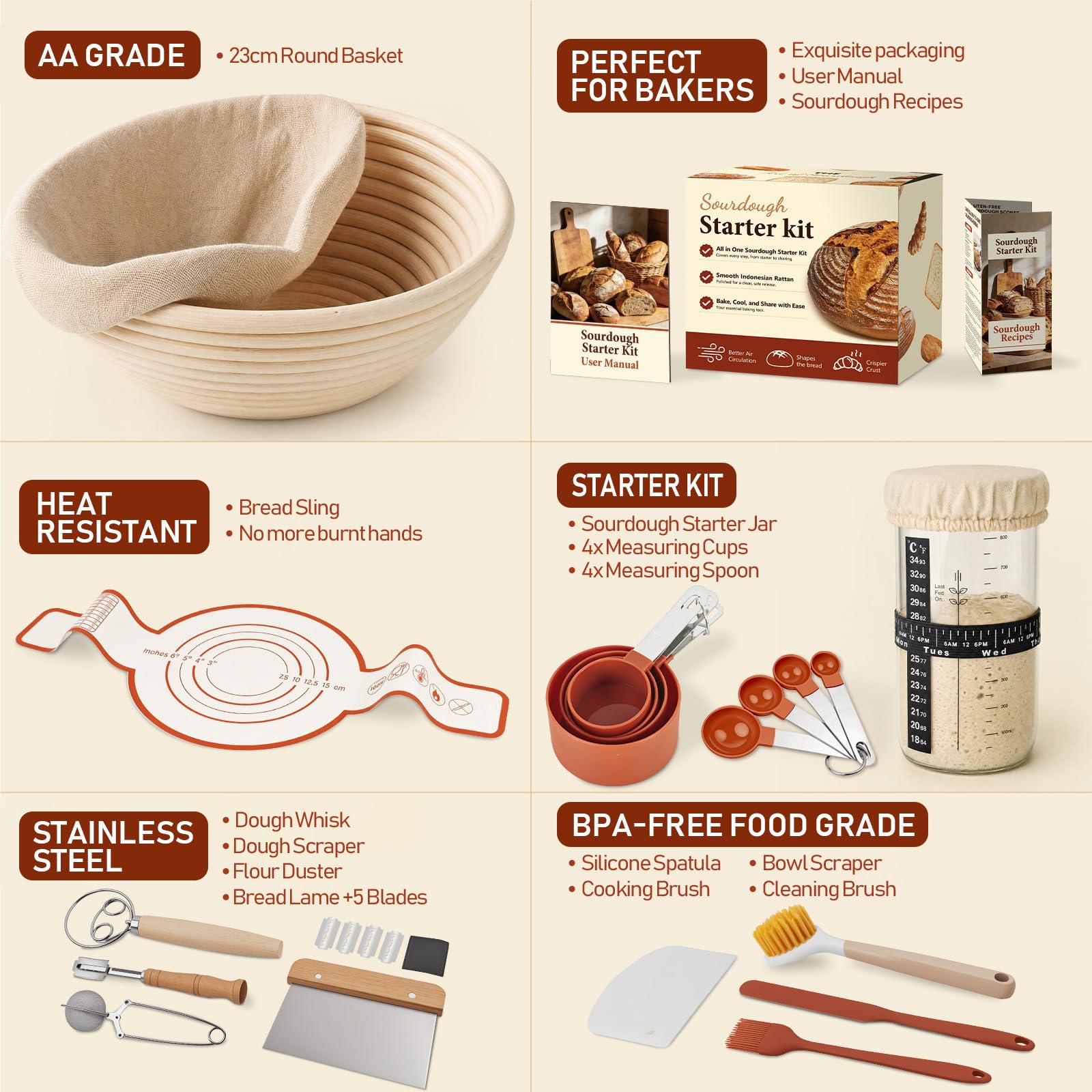 Banneton - Kit de iniciación de masa madre, juego de cestas a prueba de pan, cesta redonda de 23 cm, ratán natural, accesorios completos para hacer pan con tarro de inicio, batidor de masa y