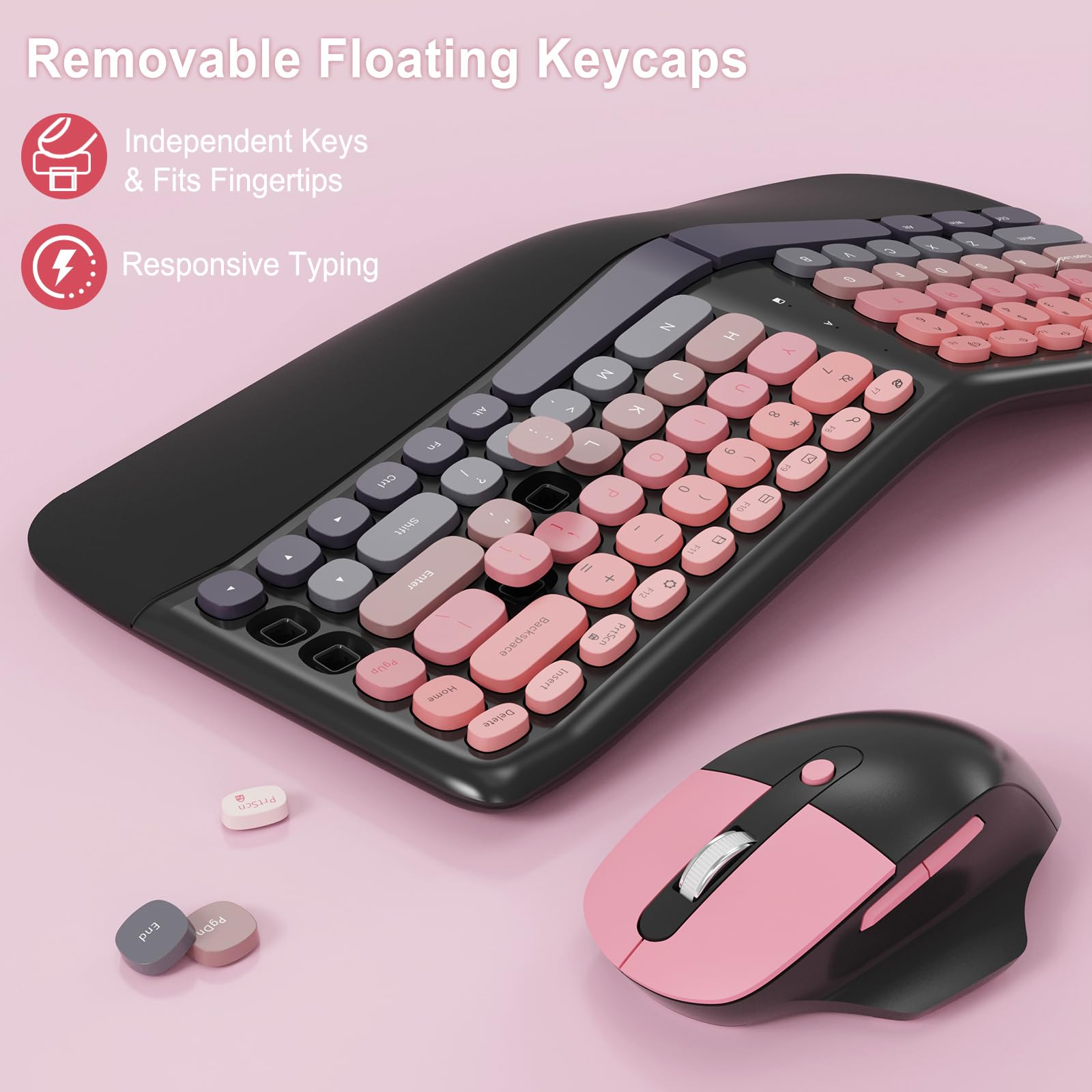 Tastiera e mouse wireless ergonomici, set da gioco meccanico con poggiapolsi, OTG e pennello, ideale per PC Windows, casa, ufficio e università, nero e rosa