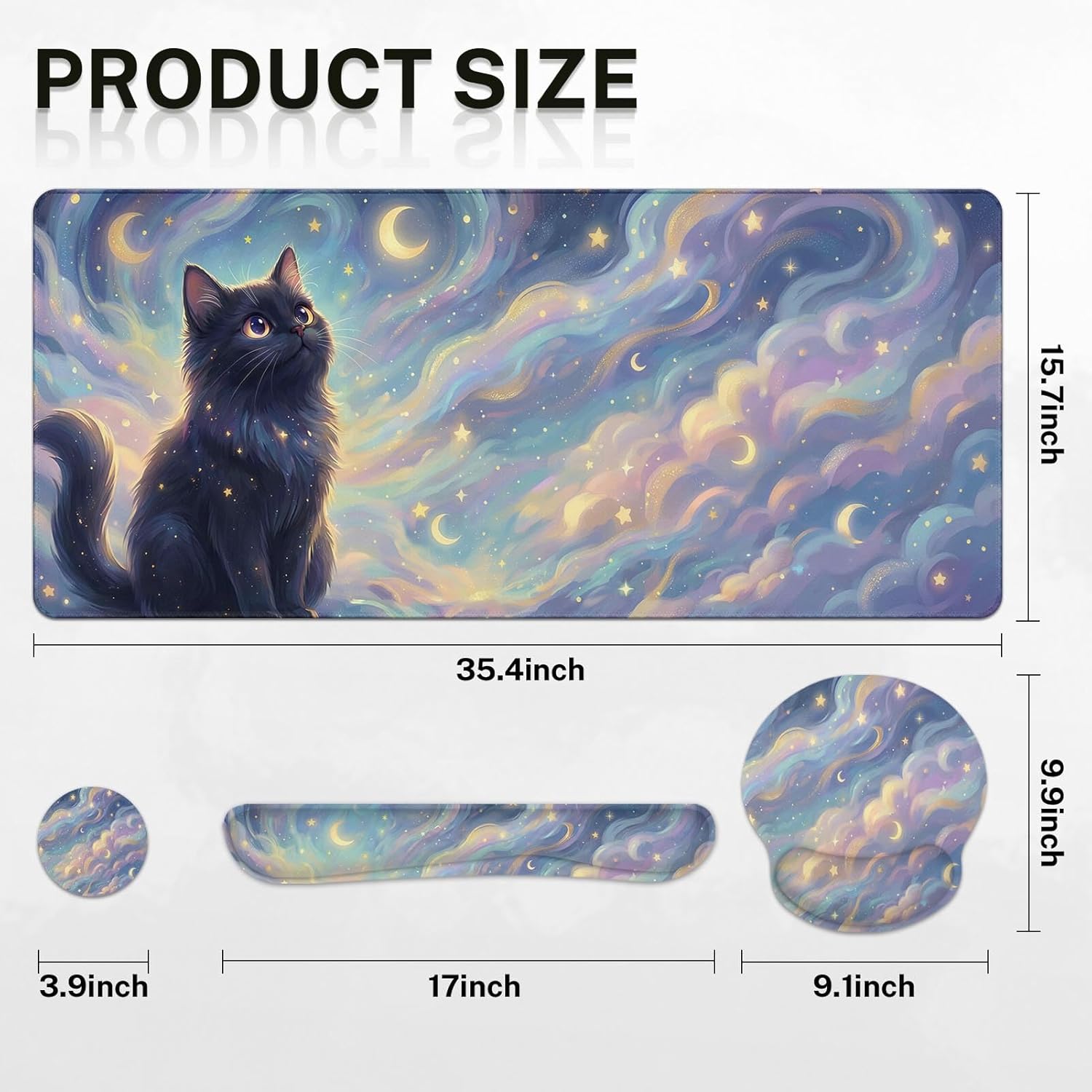 Britimes Starry Clouds Keyboard Mouse Pad Set Whimsical Cat 4in1 Large Mousepad+Keyboard Wrist Rest+Mouse Wrist Rest+Coaster Ergonomic Design for Home Office Computer 35.4x15.7 inches