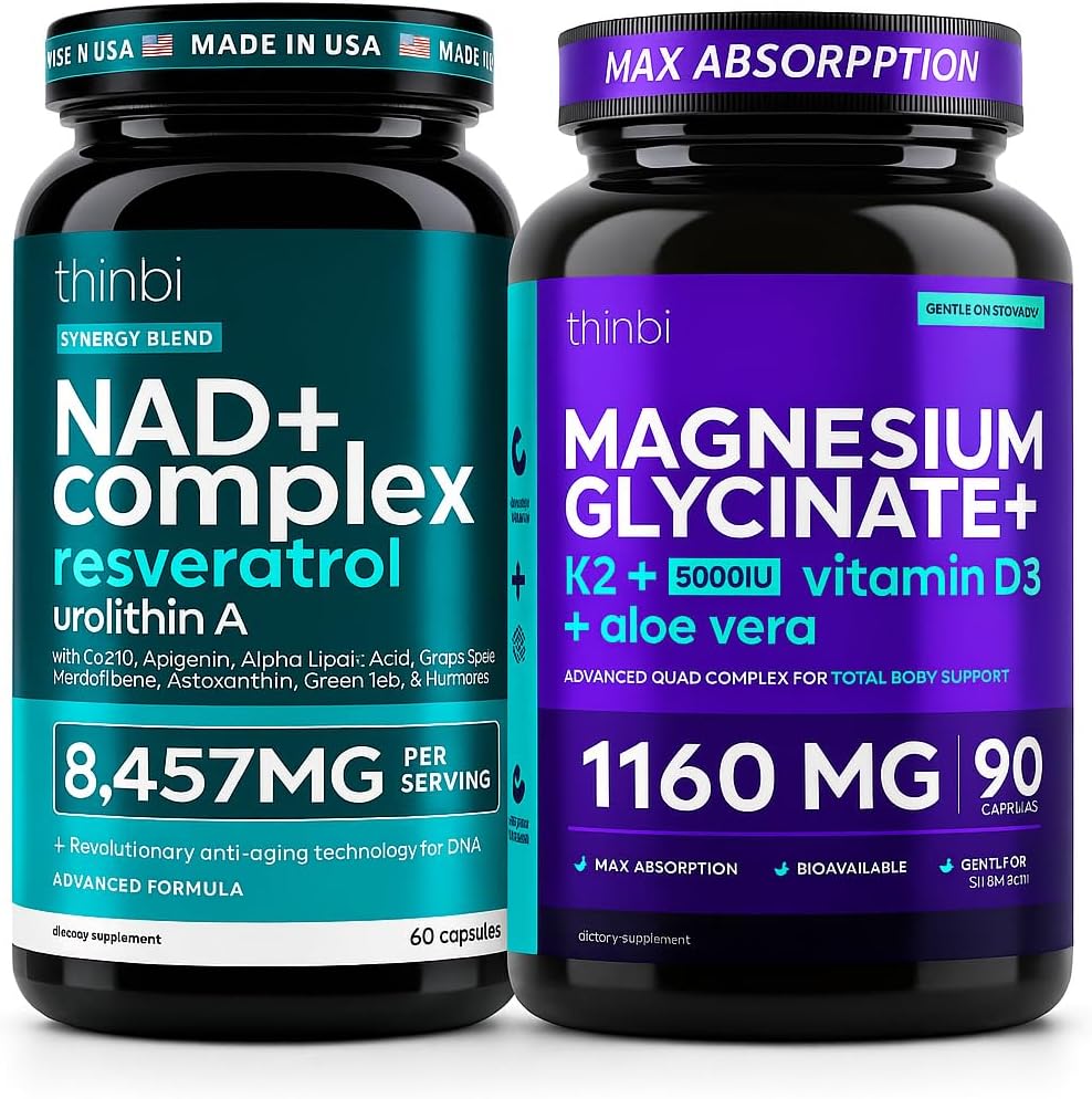 NAD+ Liposomal Supplement 8,457mg + Magnesium Glycinate 1160mg – Anti-Aging, Energy & Stress Support – with Green Tea, Astaxanthin, CoQ10, Resveratrol, D3, K2, ALA & Aloe Vera – 2-Pack