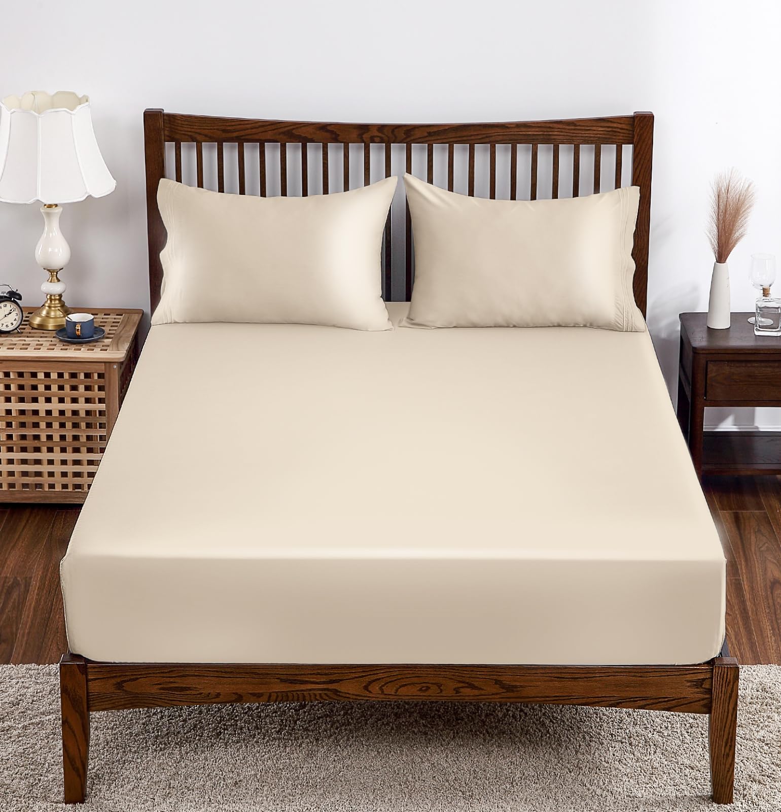 Bamboo Viscose Fitted Sheet Queen Size Only, 400 Thread Count, 8-16" Deep Pocket, Cooling Breathable Silky Soft Bottom Sheet for Hot Sleeper & Night Sweats (Beige, Queen)