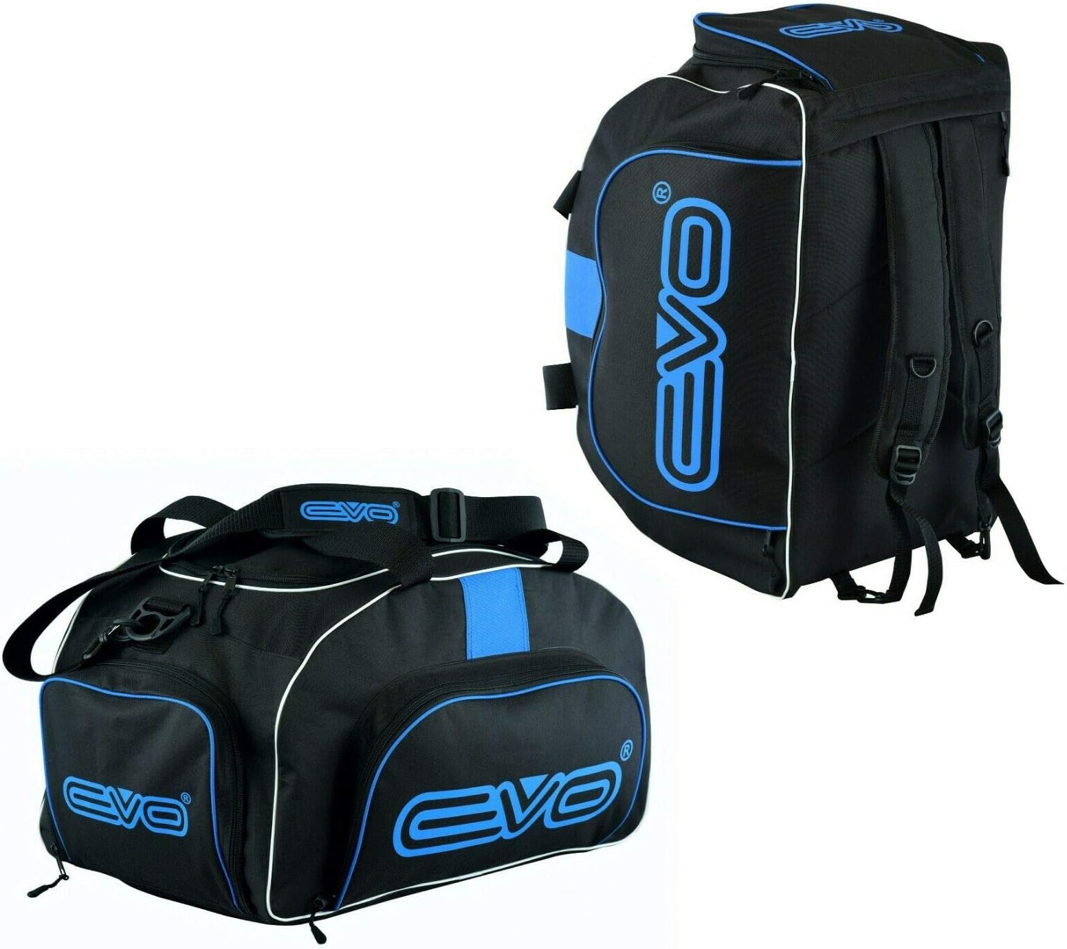 EVO Fitness Duffle Bag with Shoes Compartment Gym Sports Kit Backpack Football Travel Duffel Bag with Shoulder Straps Training MMA Boxing Men Women (Black/Blue)