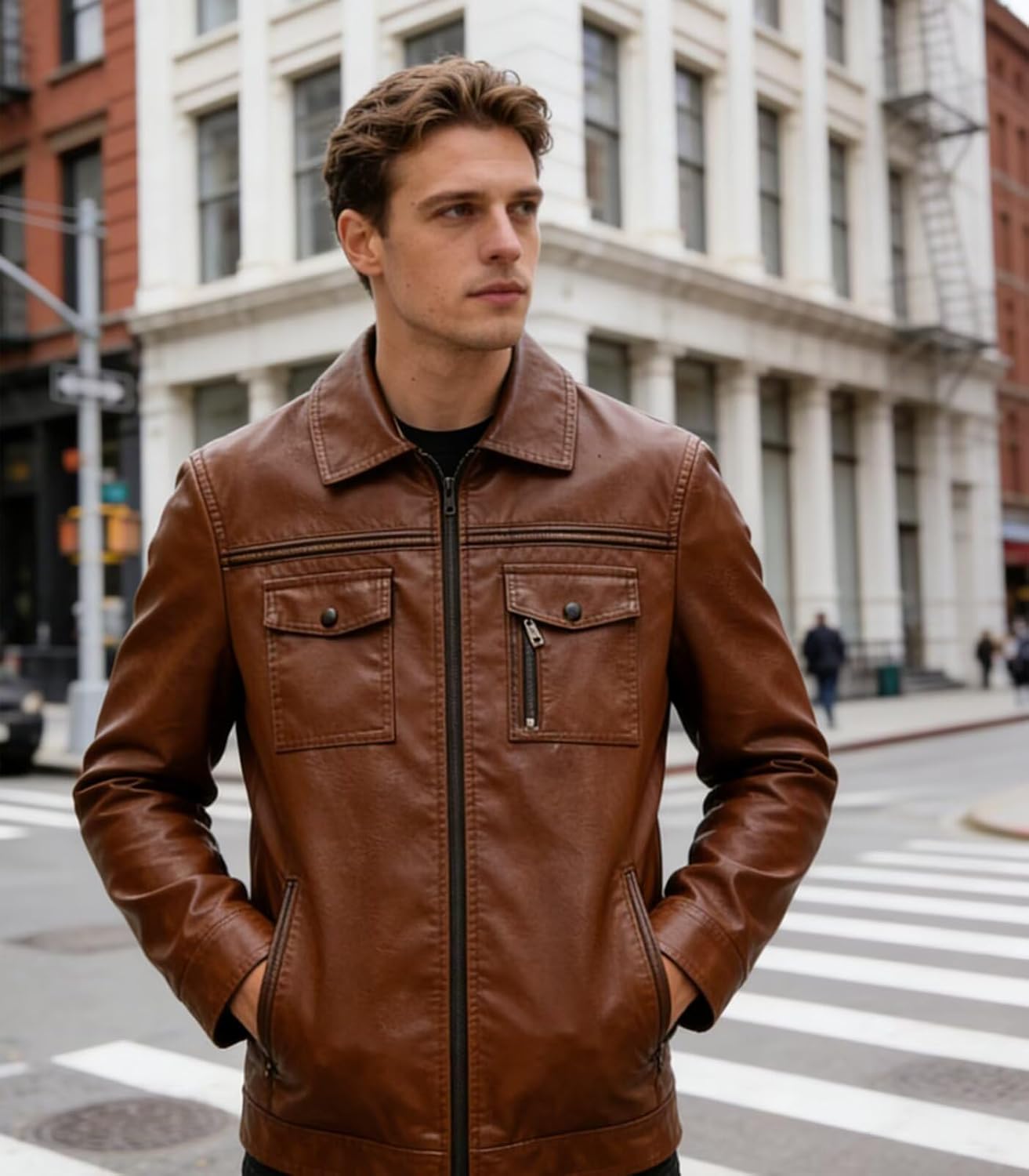 INVACHI Men's Faux Leather Jacket,Faux Leather Motorcycle Jacket, Lapel Multi-Pocket Casual Coat