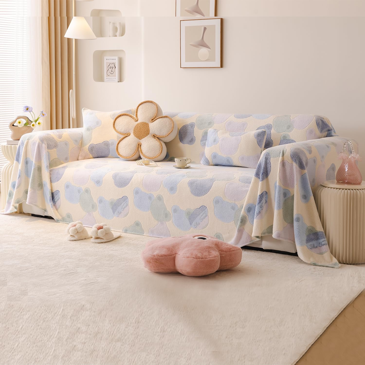 HOKIPO Milk Velvet Plush 3 Seater Sofa Cover, Blue - Image 1