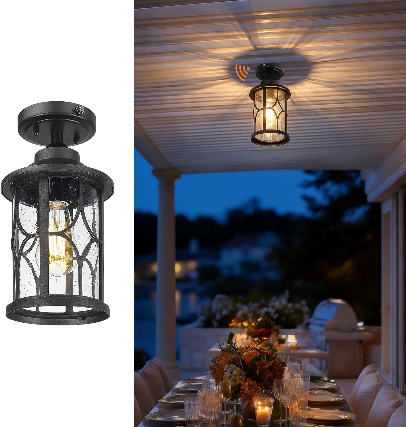 zeyu Outdoor Ceiling Porch Light, 14.6 Inch Dusk to Dawn Light Fixtures Ceiling Mount with Photocell Sensor, Flush Mount Lighting Fixture with Seeded Glass, Black Finish, ZX48MF PC BK
