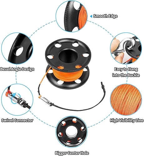 Miniatura 4 de Carrete de buceo de 100 pies, carrete de buceo grande de aleación de aluminio con clip de perno de doble extremo para buceo subacuático, esnórquel,
