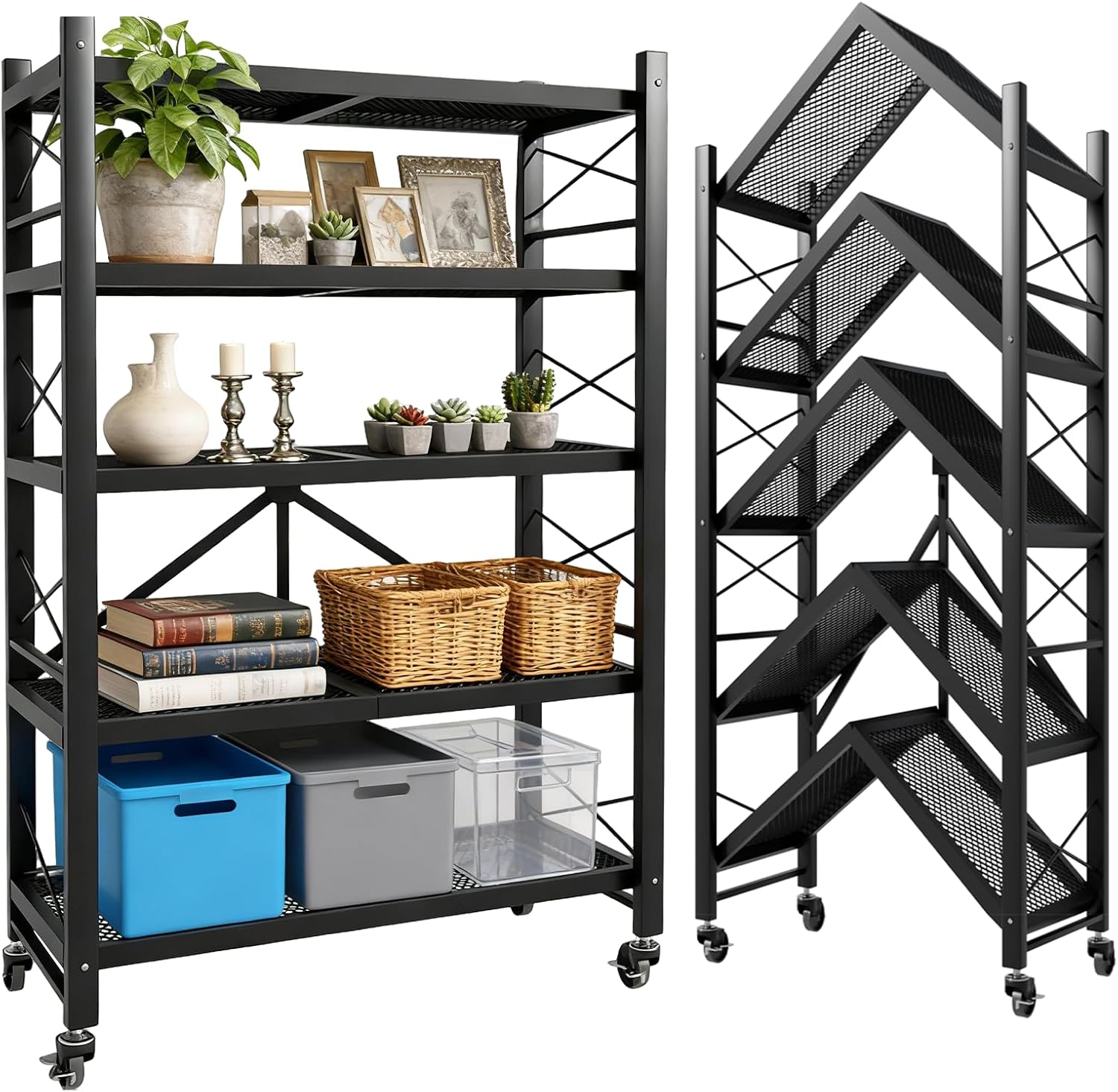 5-Tier Metal Shelving with Wheels and Hooks,Holds up to 1250 lbs Rolling Storage Shelves Foldable Shelves,Wire Shelving.Heavy Steel Material Pantry Shelves